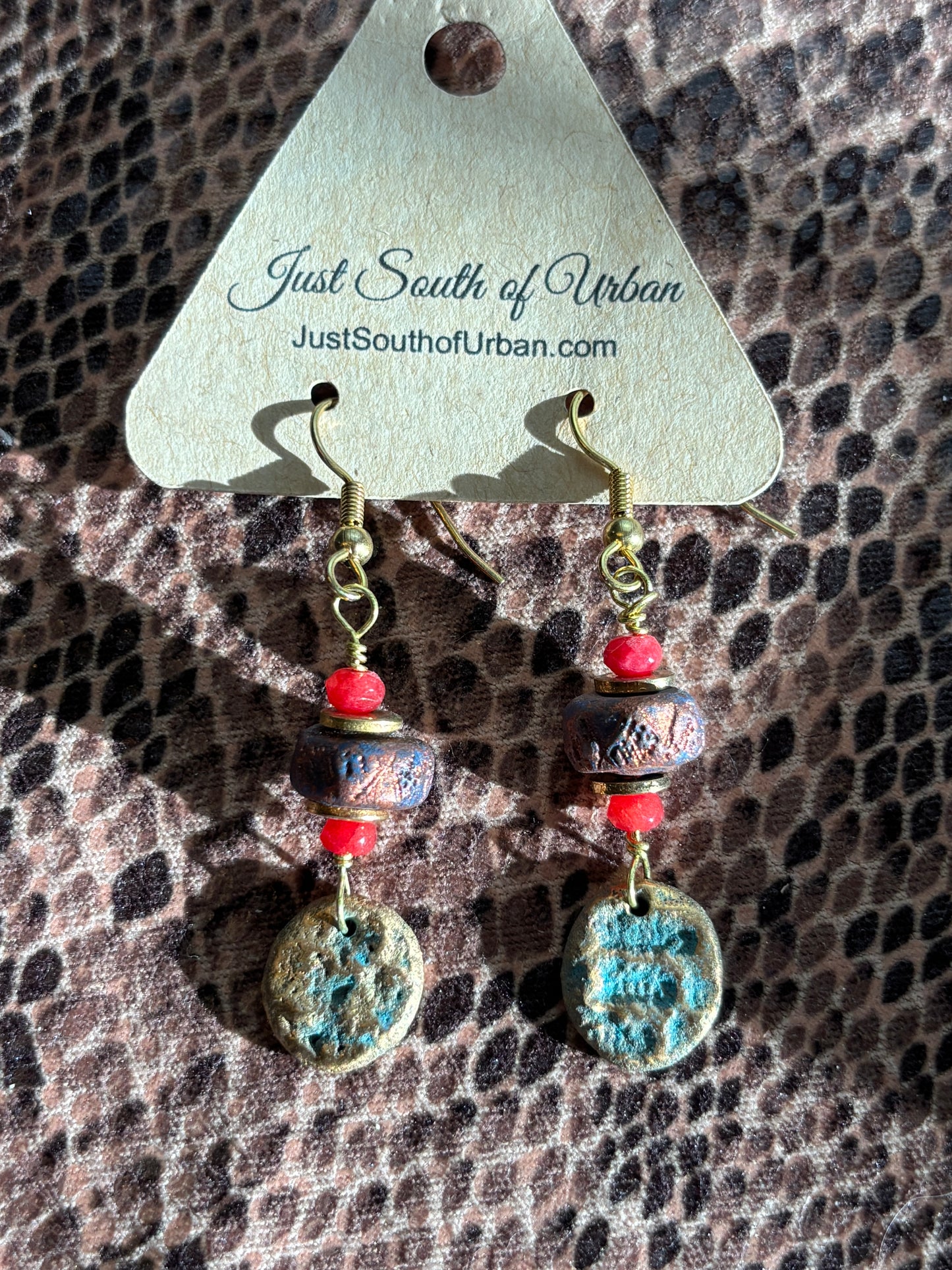 Bronze Metal Clay Disc Earrings, Hand Stamped with Holy Scripture, Artisan Stoneware Beads
