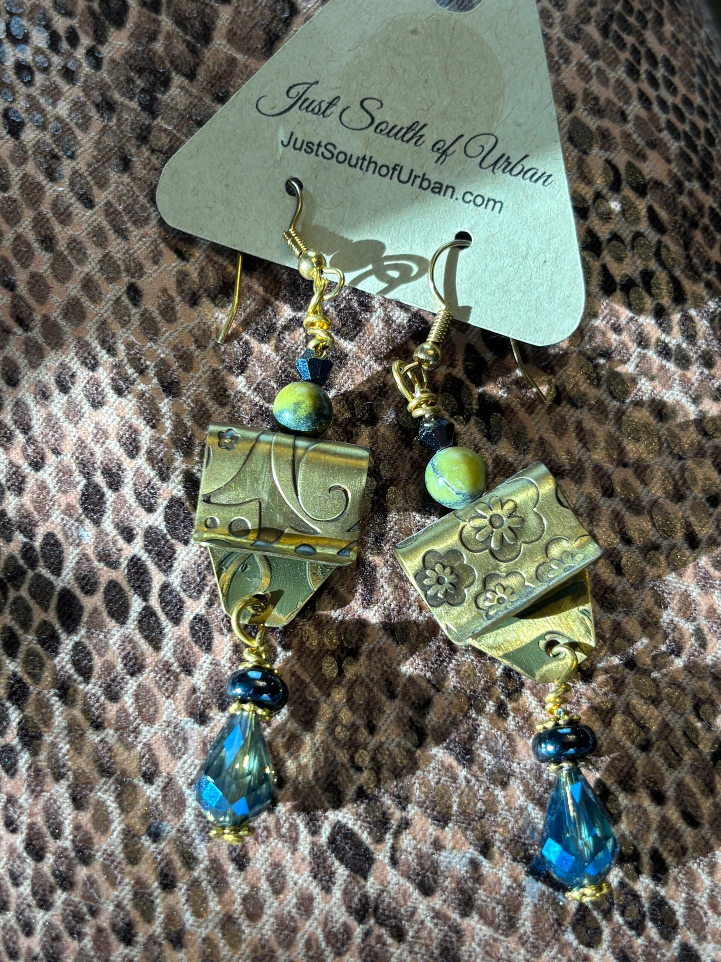 Textured Stamped Brass and Crystals Beaded Earrings