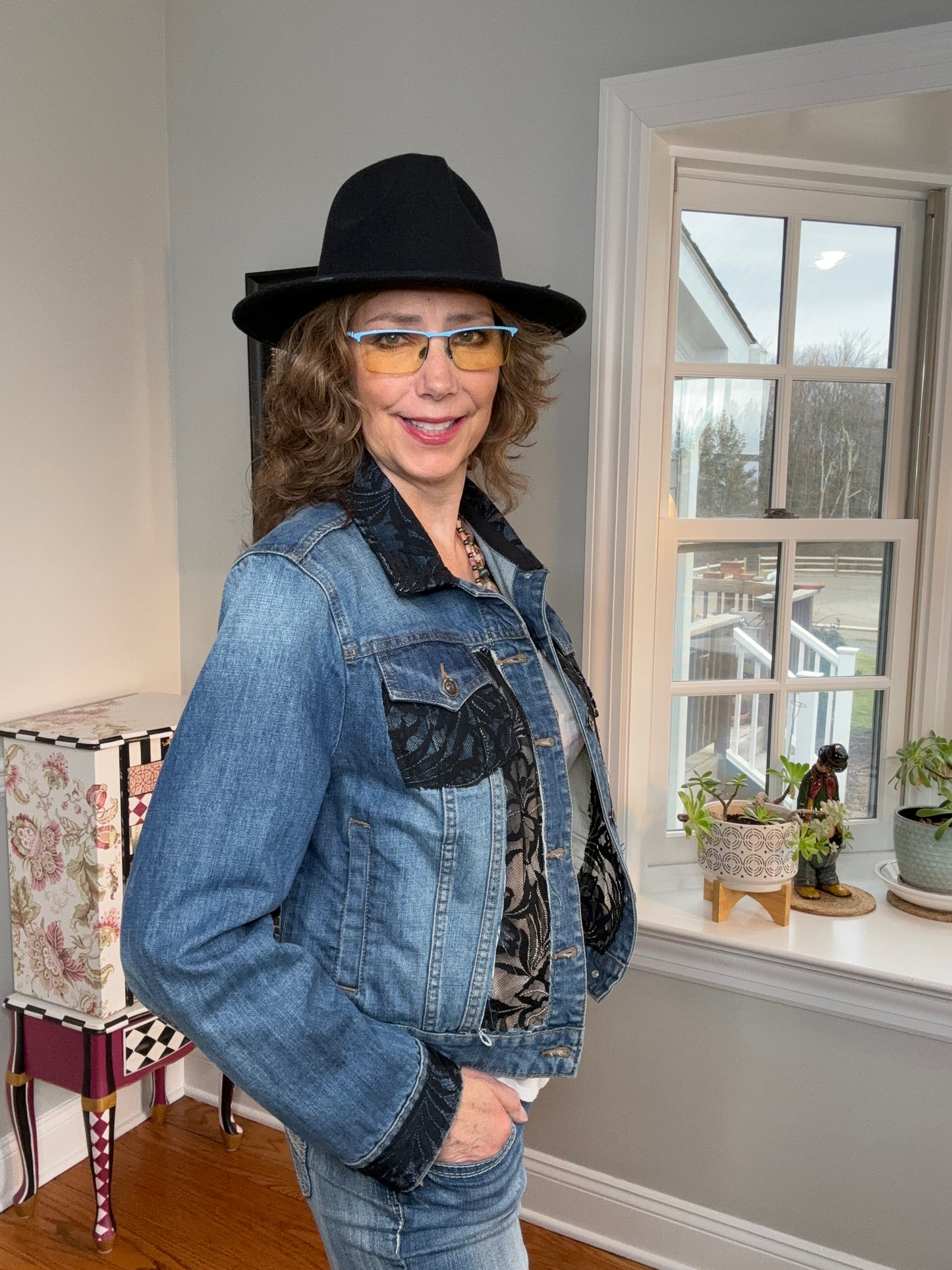 Up-cycled Denim Jacket, Window Pane, Black Lace XL, Brand Stylus