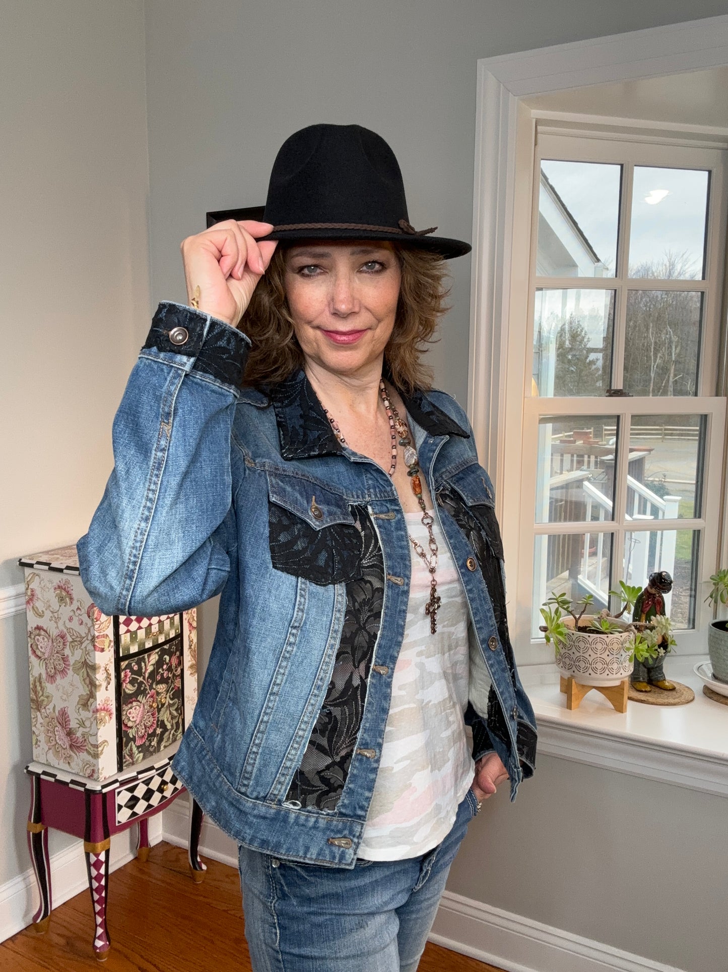 Up-cycled Denim Jacket, Window Pane, Black Lace XL, Brand Stylus