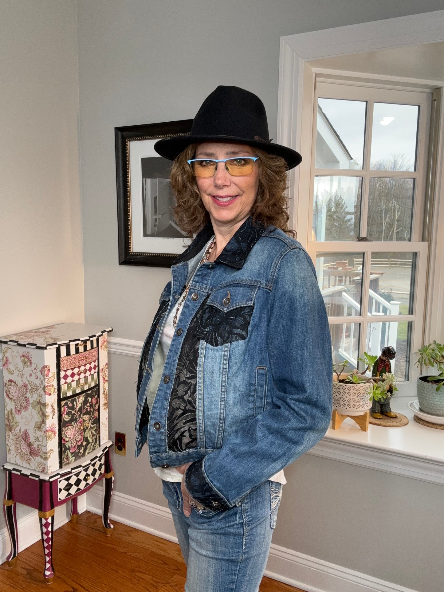 Up-cycled Denim Jacket, Window Pane, Black Lace XL, Brand Stylus