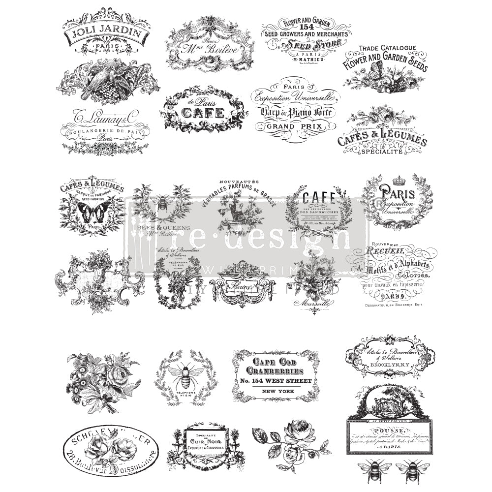 Classic Vintage Labels, Furniture Transfer Decal by Re-Design with Prima, 24″X35″, CUT INTO 3 SHEETS
