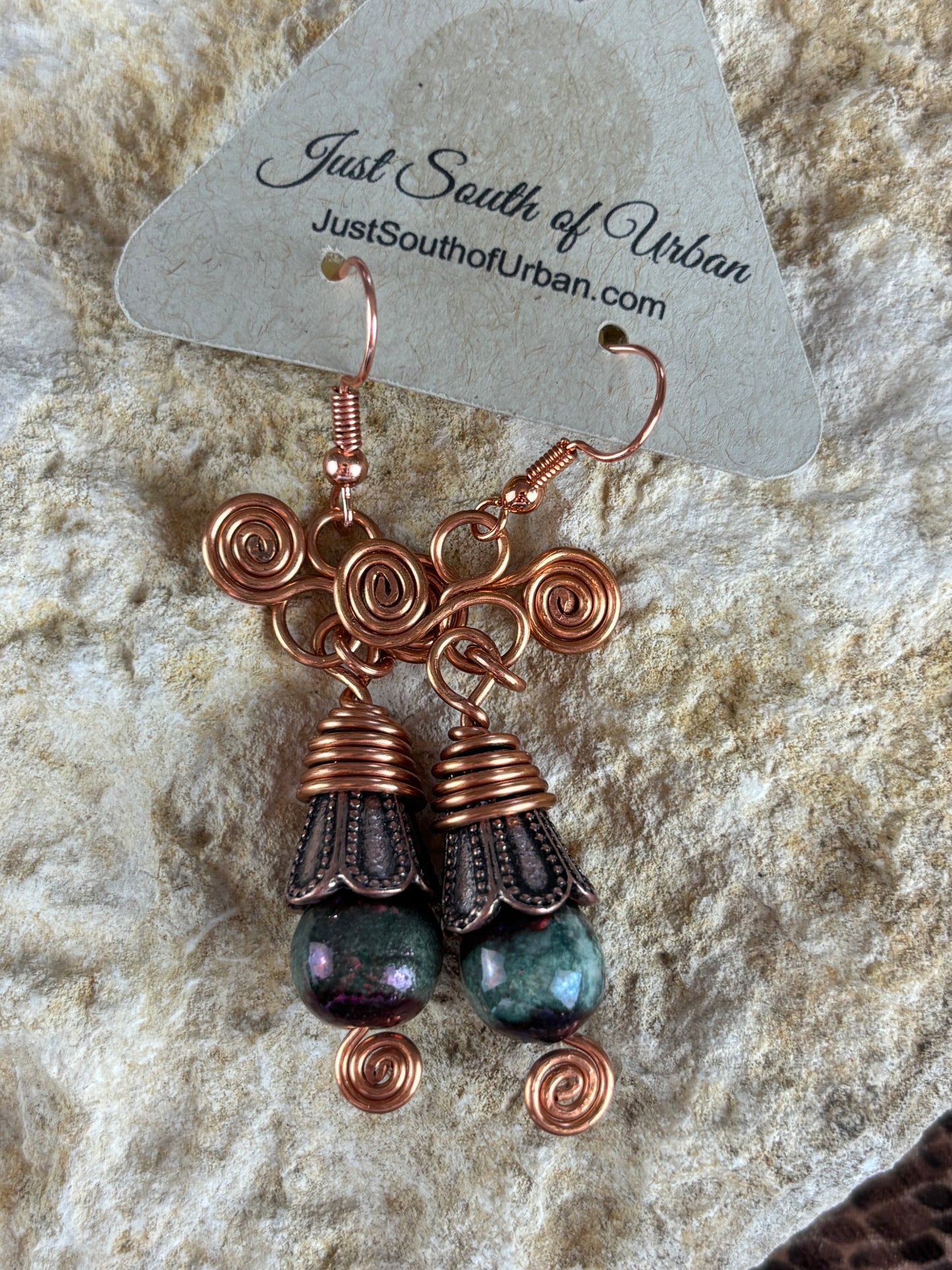 Copper Wire Work and Ceramic Beaded Earrings