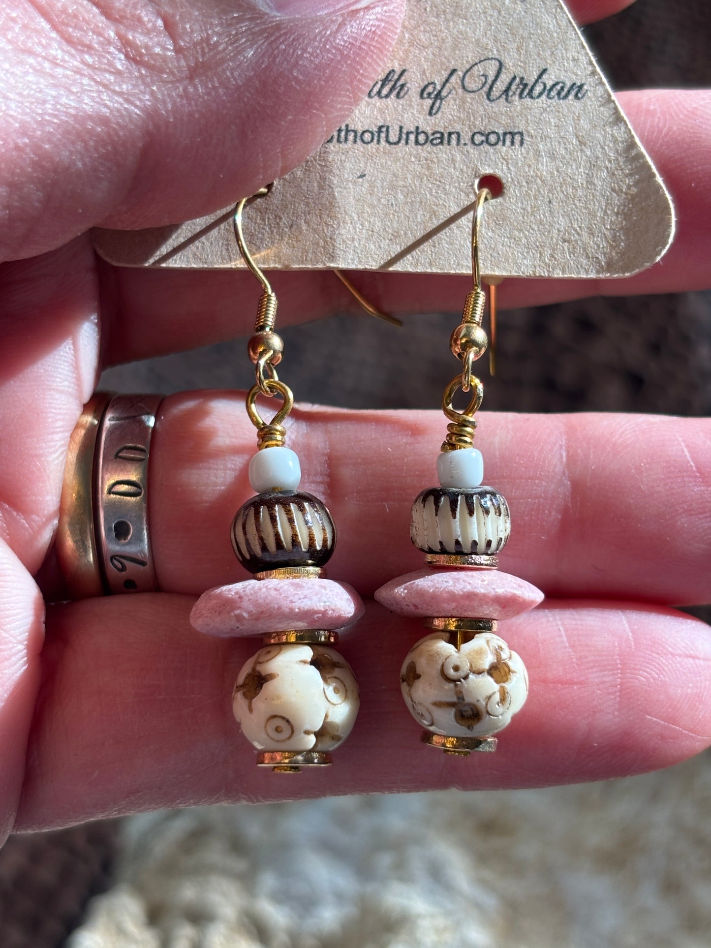 Pink Stone and Bone Carved Beaded Earrings, 2", Artisan Beads