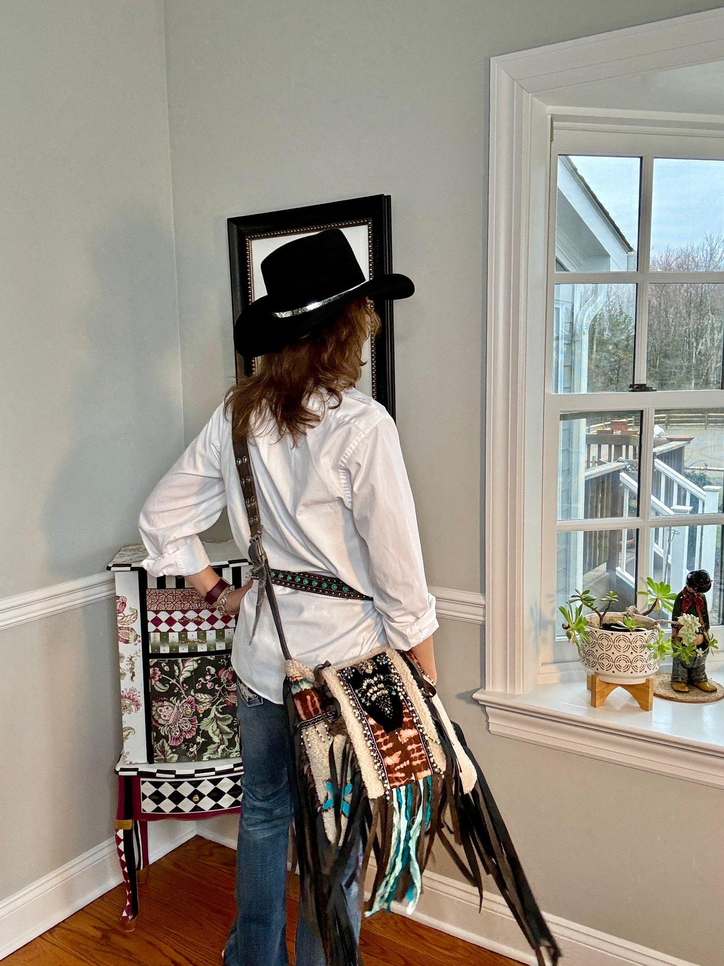 Faux Shearling Boho Hippie Handbag Purse, Handmade Up-cycled Clothing