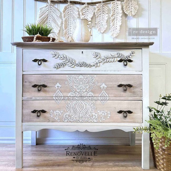 White Engraving, Furniture Transfer Decal by Re-Design with Prima, 24″X35″, CUT INTO 3 SHEETS