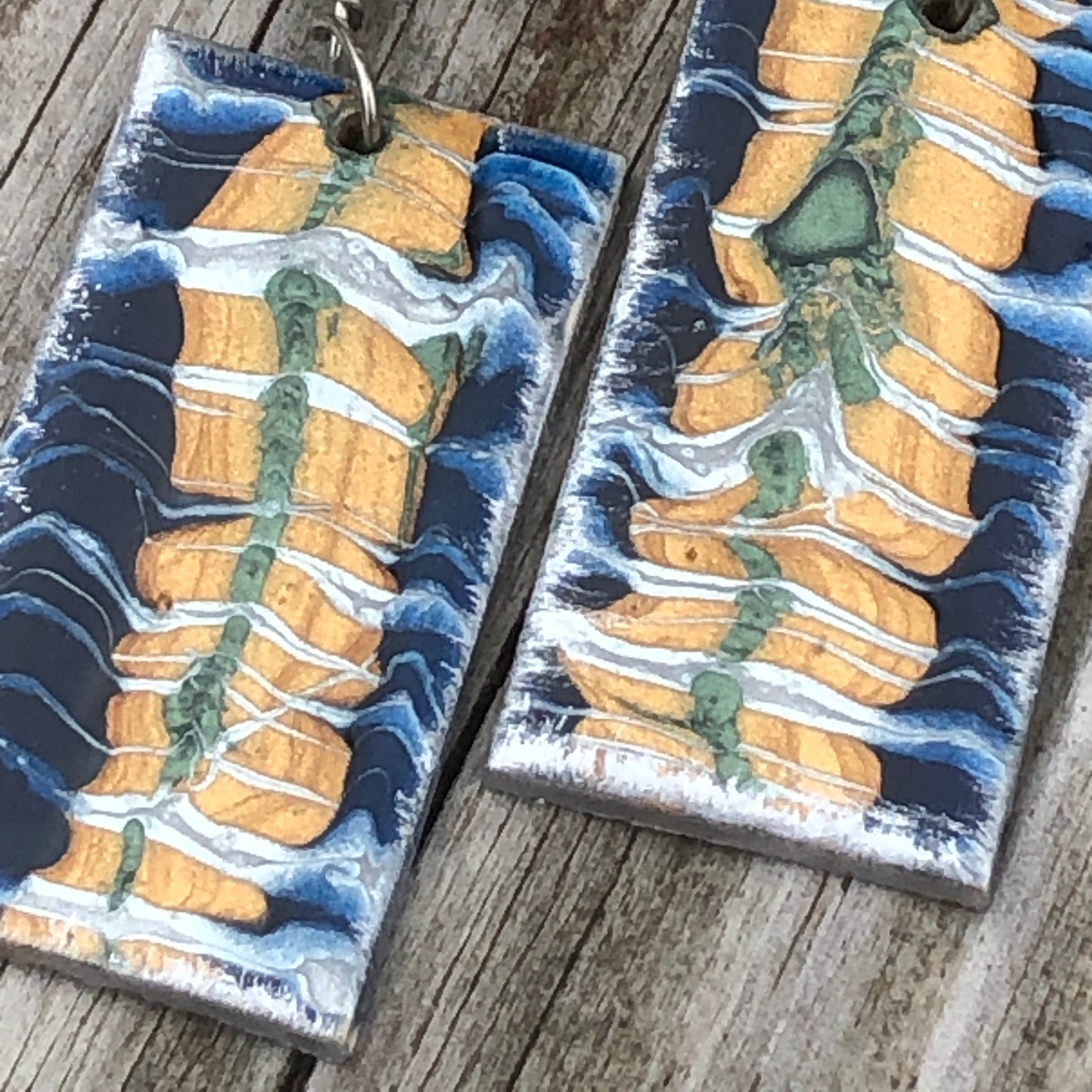 Blue Tiger Paint Pour Earrings with Czech Glass Beads 3" x 3/4"