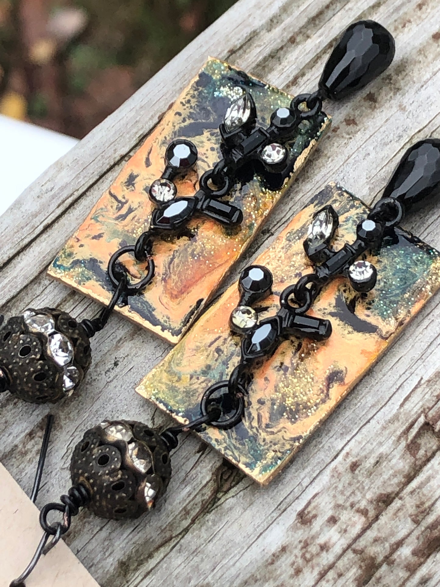Autumn Elegance, Paint Pour Earrings with Rhinestone Dangles and Onyx Faceted Tear Drops