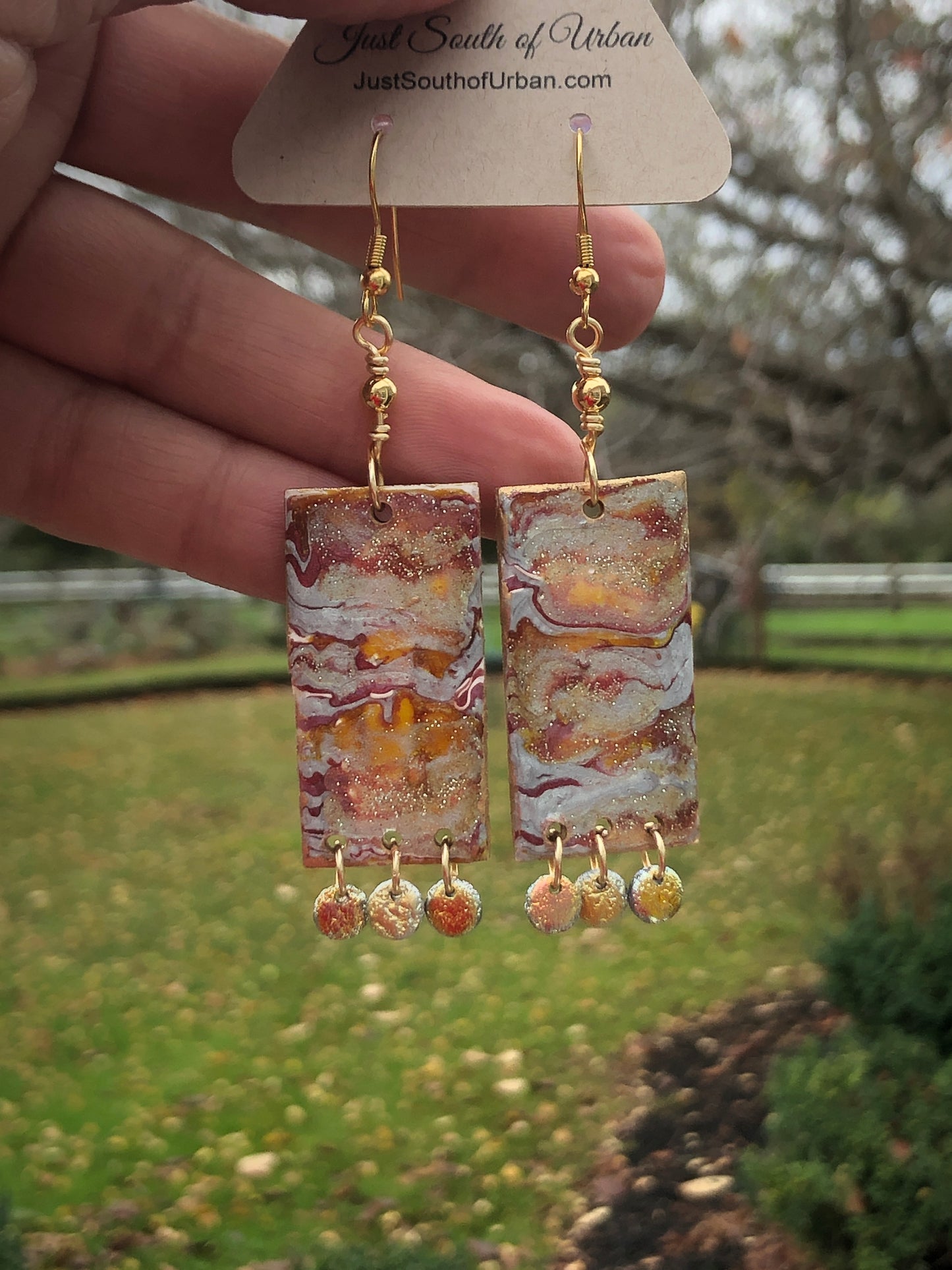 Coral Reef, Paint Pour Earrings, 3" x 3/4", Light Weight