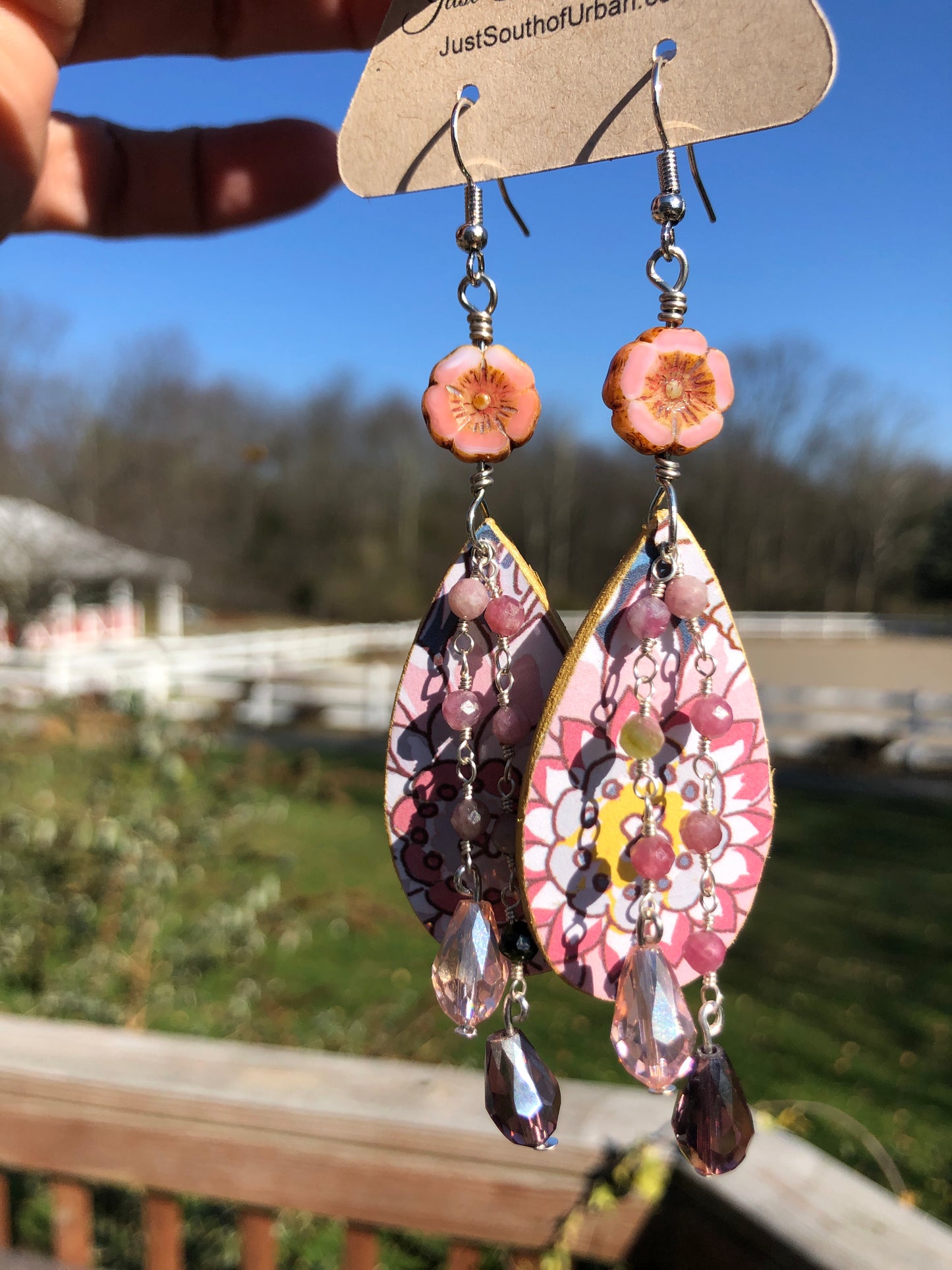Flower Power, Decoupage Beaded Earrings, Czech Glass Beads, 4" Light weight