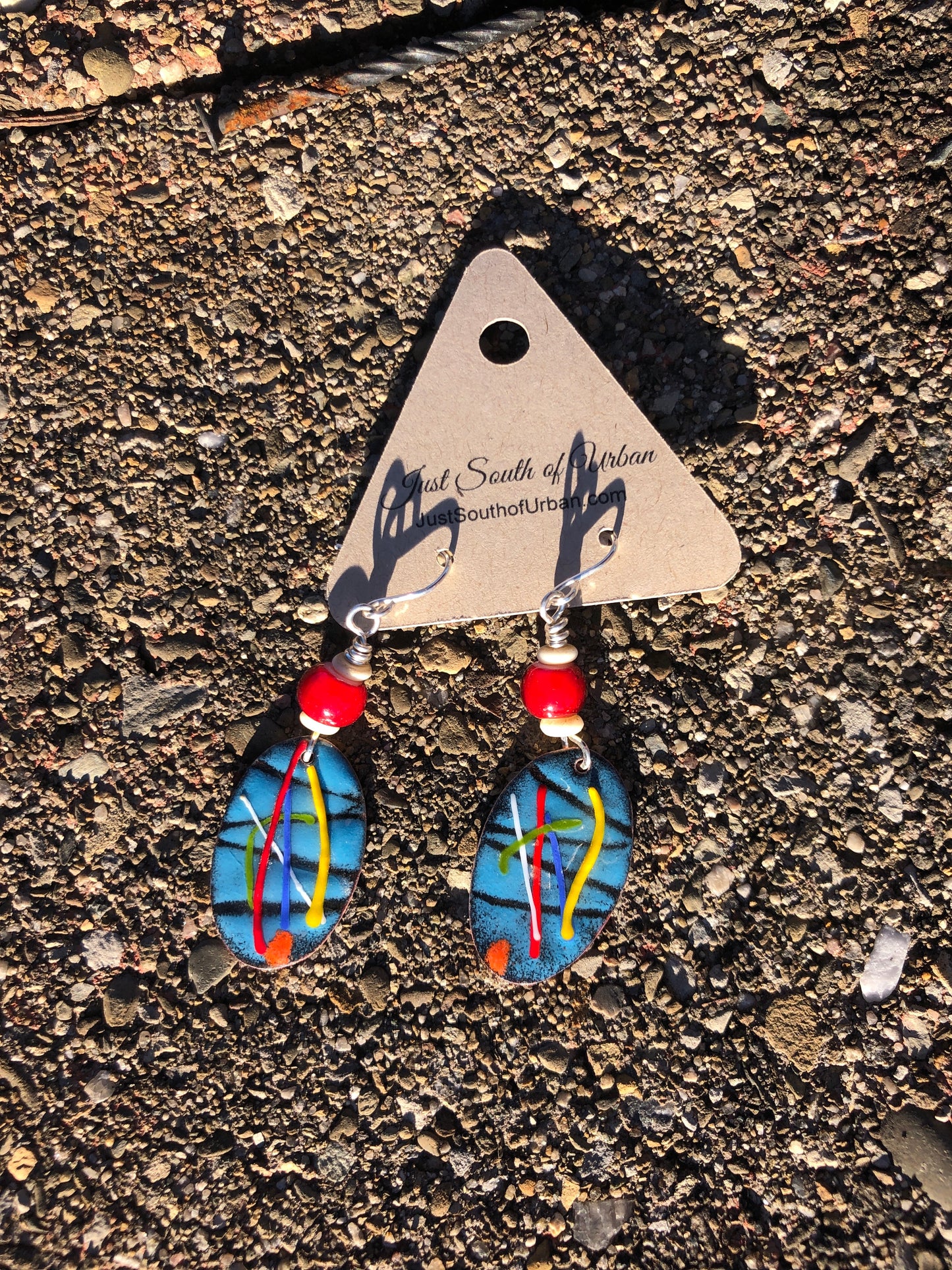 Blue Zebra at New Years, Glass Fired Enamel, Sterling Silver Wire 2.5" long