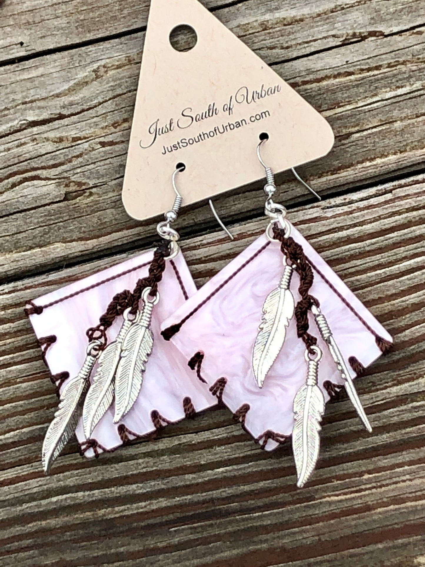 Pink Acrylic, Silver Feathers and a Brown Cotton Weave, Lightweight Earrings