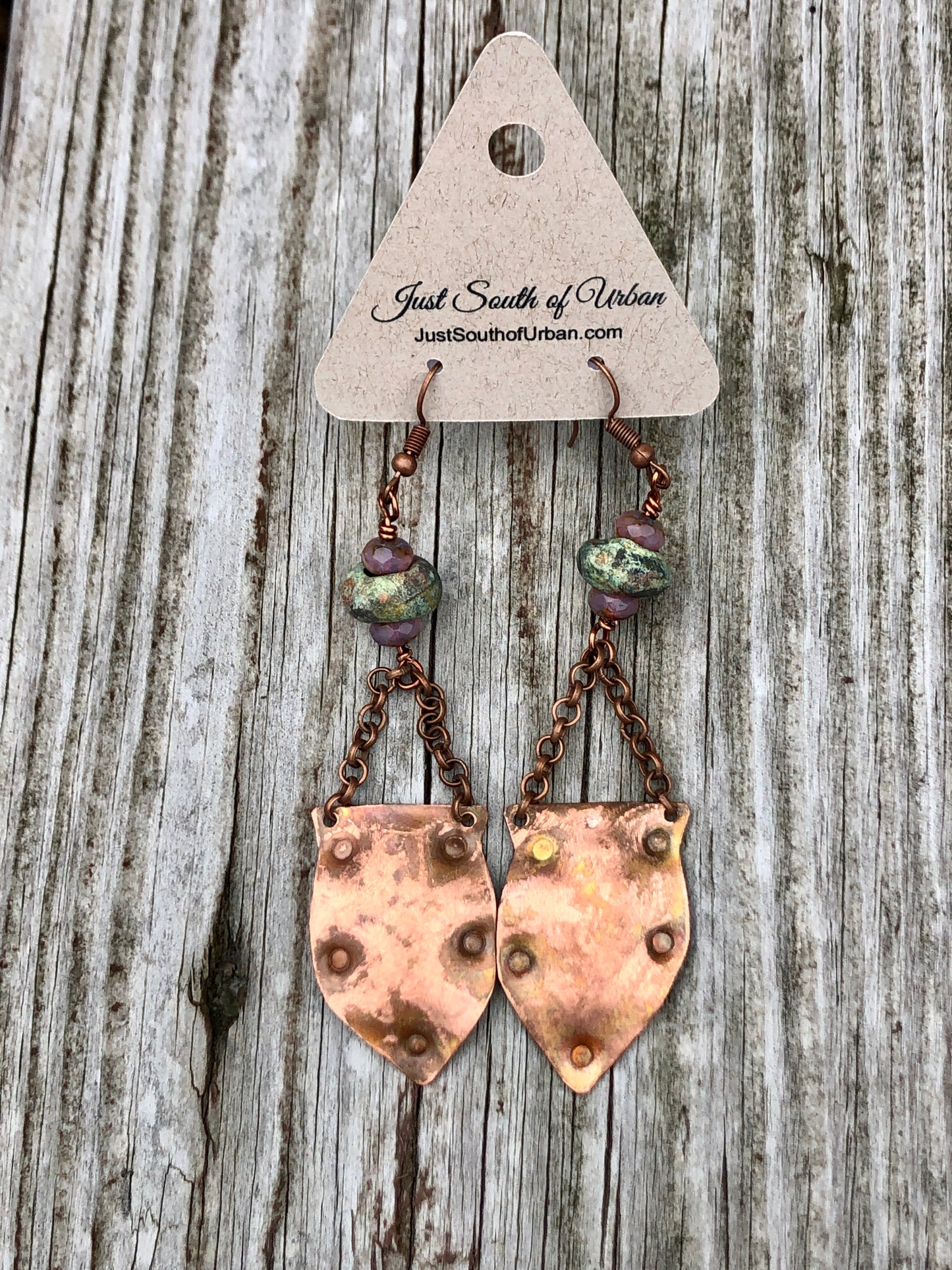 Copper Shield Dangle Earrings with Handmade Stoneware Beads and Faceted Czech Crystals