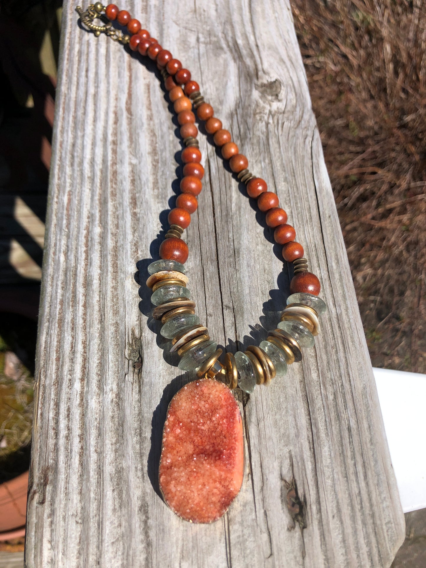 Rustic Orange Druzy and Wood Bead Necklace, 18 inches add 2 inch Stone pendant