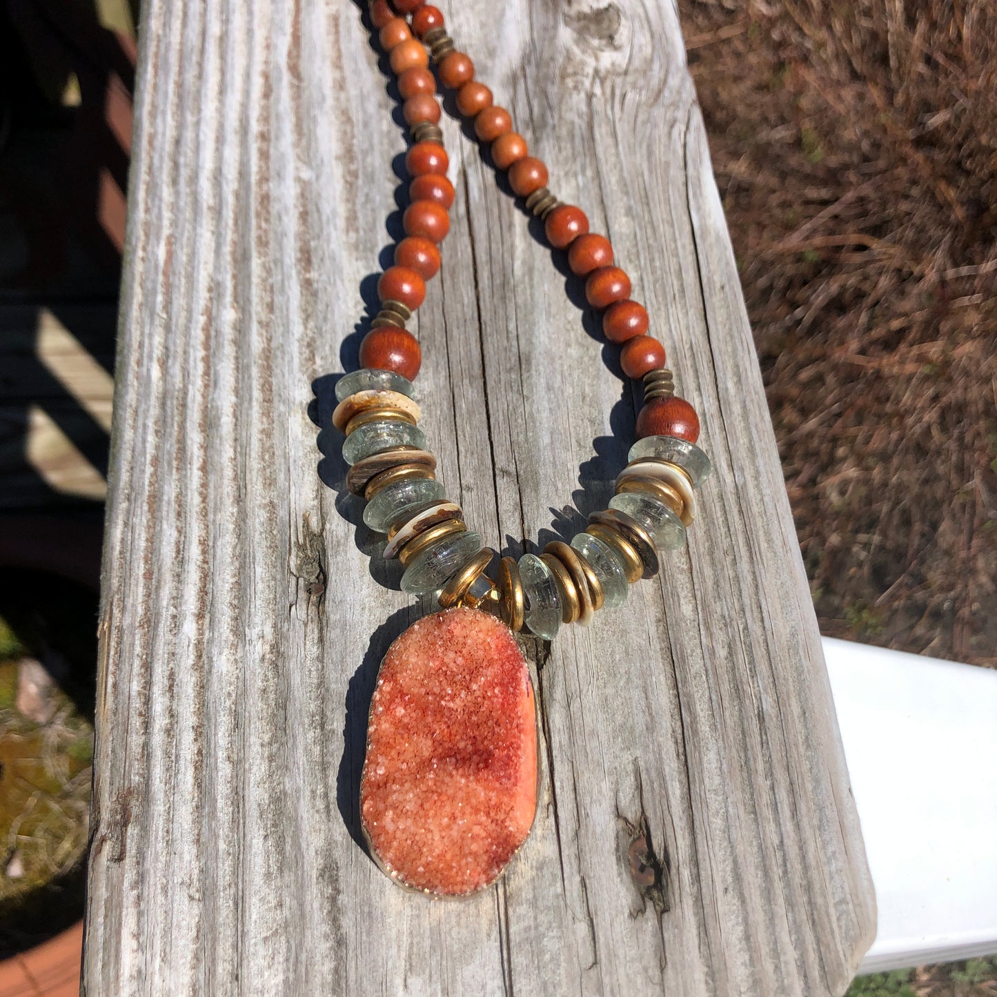 Rustic Orange Druzy and Wood Bead Necklace, 18 inches add 2 inch Stone pendant