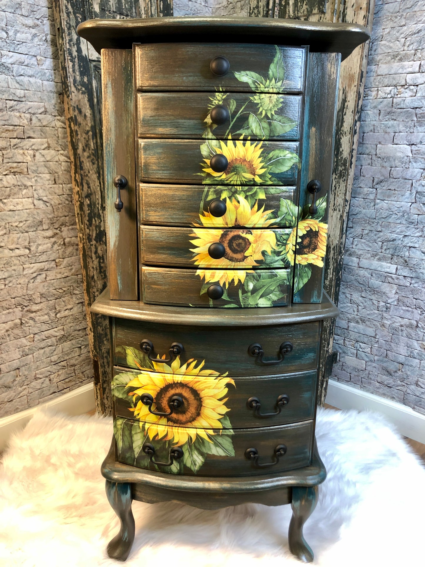 Miss Loretta, Hand Painted Jewelry Armoire, Rustic Barnwood and Sunflower finish