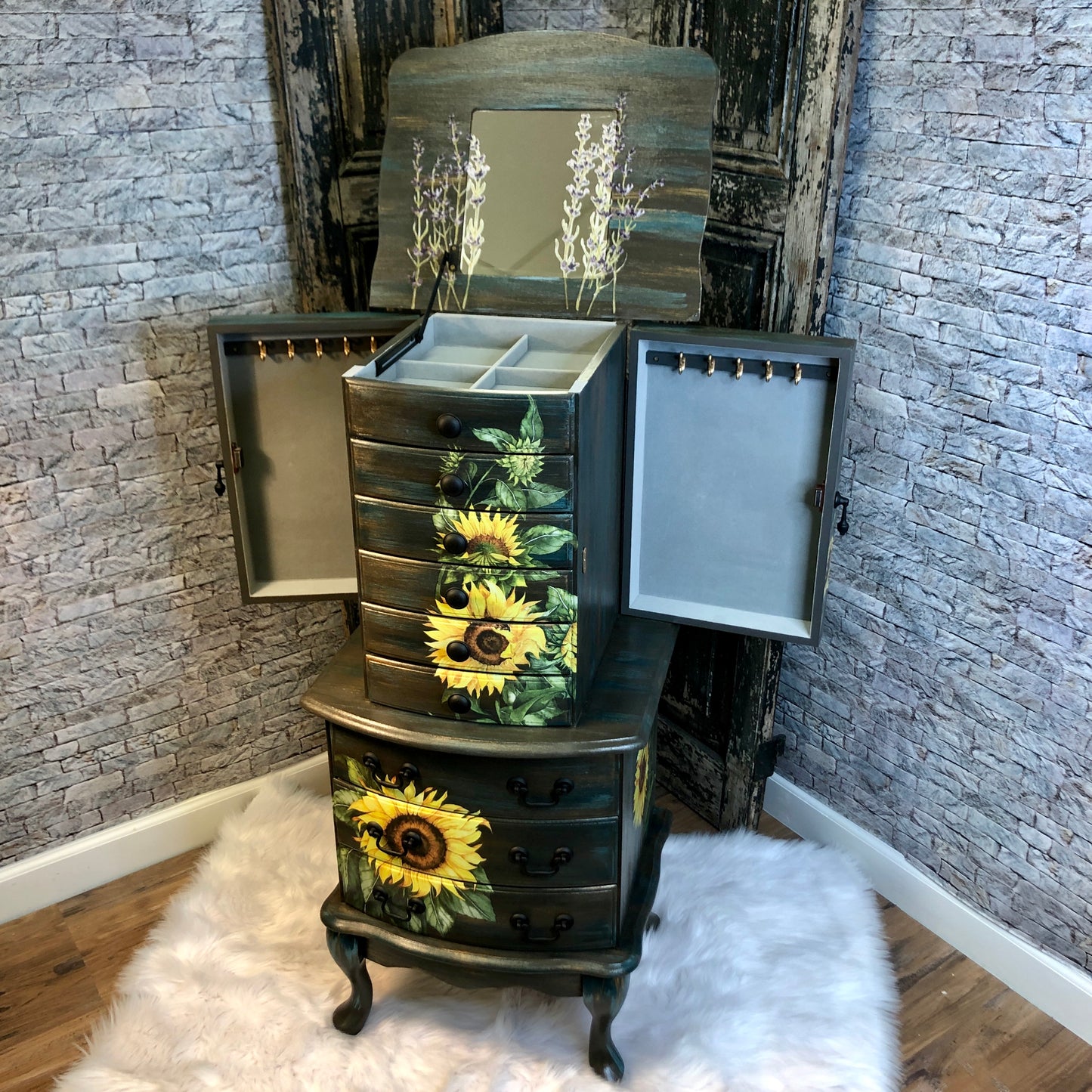 Miss Loretta, Hand Painted Jewelry Armoire, Rustic Barnwood and Sunflower finish