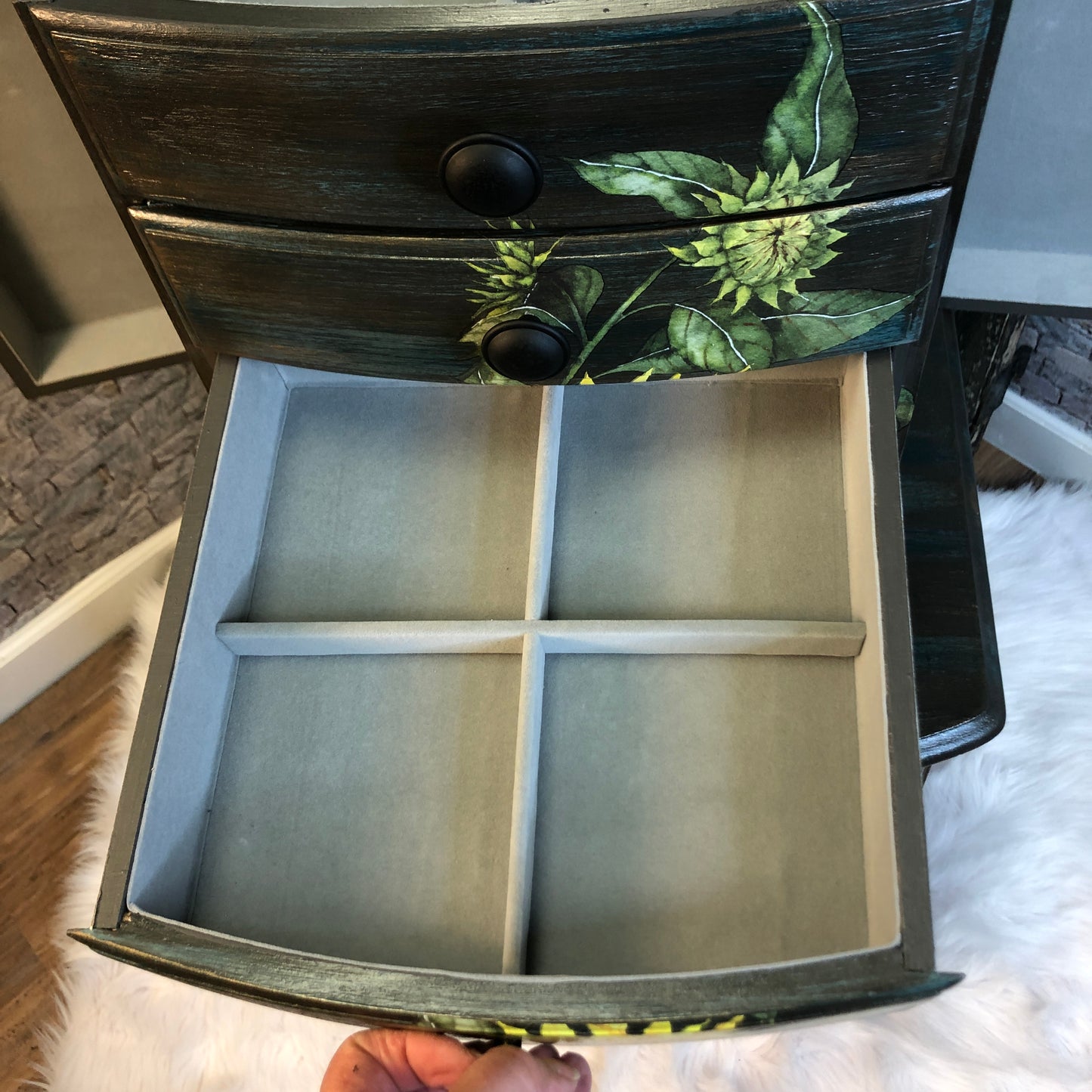 Miss Loretta, Hand Painted Jewelry Armoire, Rustic Barnwood and Sunflower finish