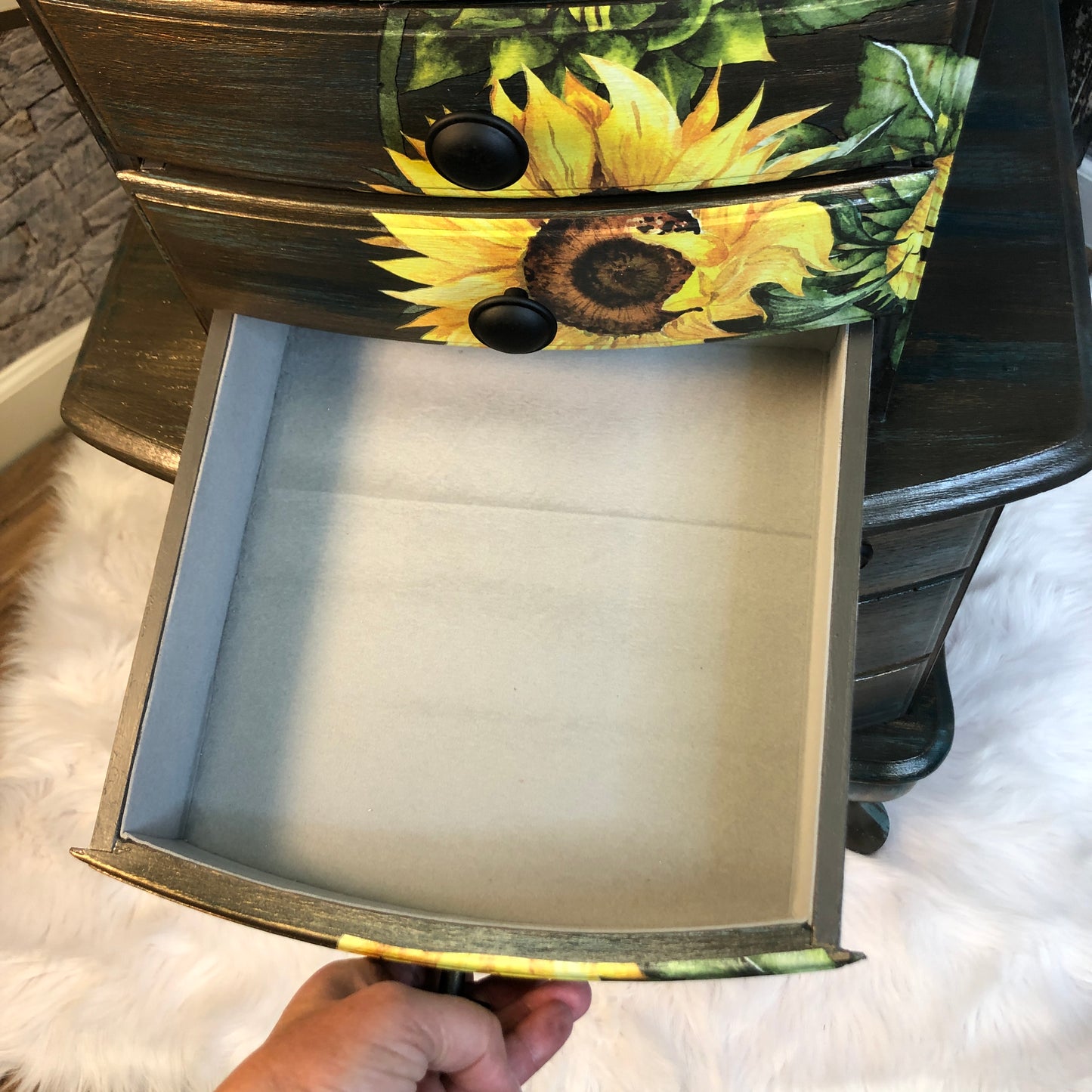 Miss Loretta, Hand Painted Jewelry Armoire, Rustic Barnwood and Sunflower finish