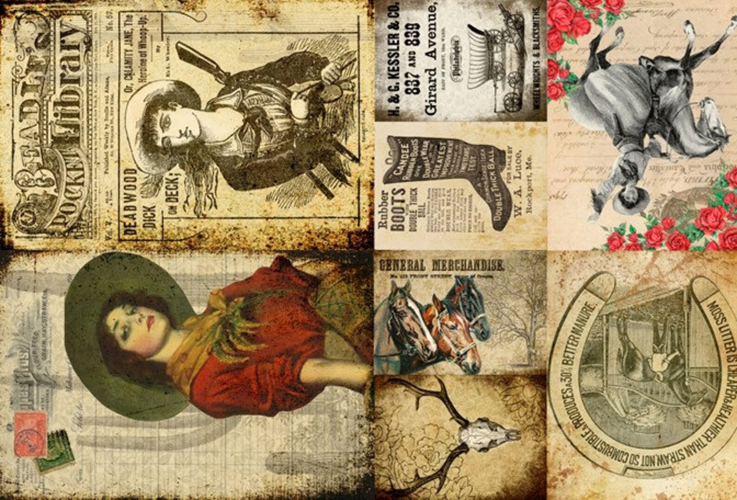COWGIRL PROJECT BLOCKS Decoupage Paper by Roycycled 20 x 30 inches