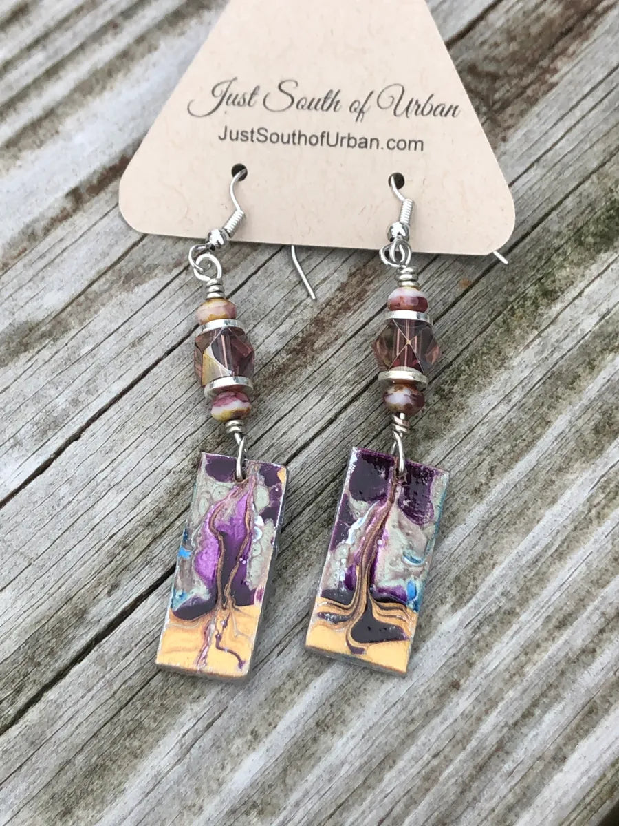 Paint Pour Earrings with Pink Czech Faceted Glass Rondelles and Pink Crystals