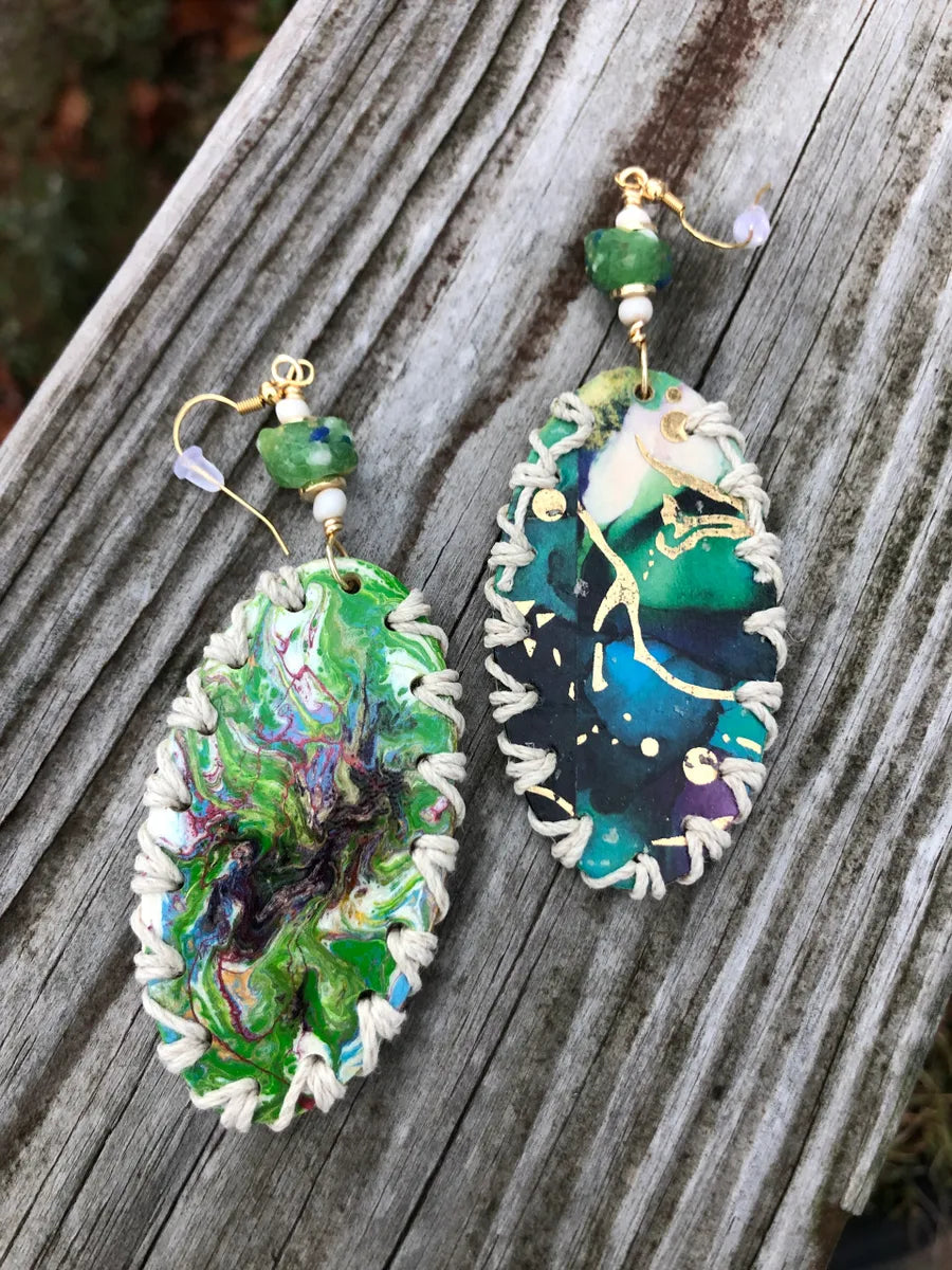 Green, Purple, Blue and White with a touch of Pink Paint Pour Earrings, 4.25" x 1.5"