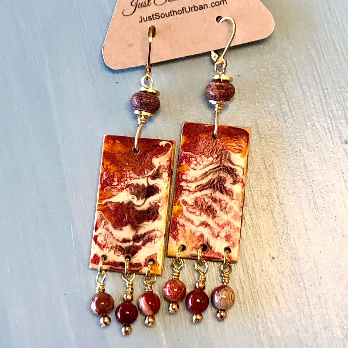Rustic Rust and Gemstone Earrings, Hand Painted, 3.25 Inches in Length, Lightweight Boho Earrings