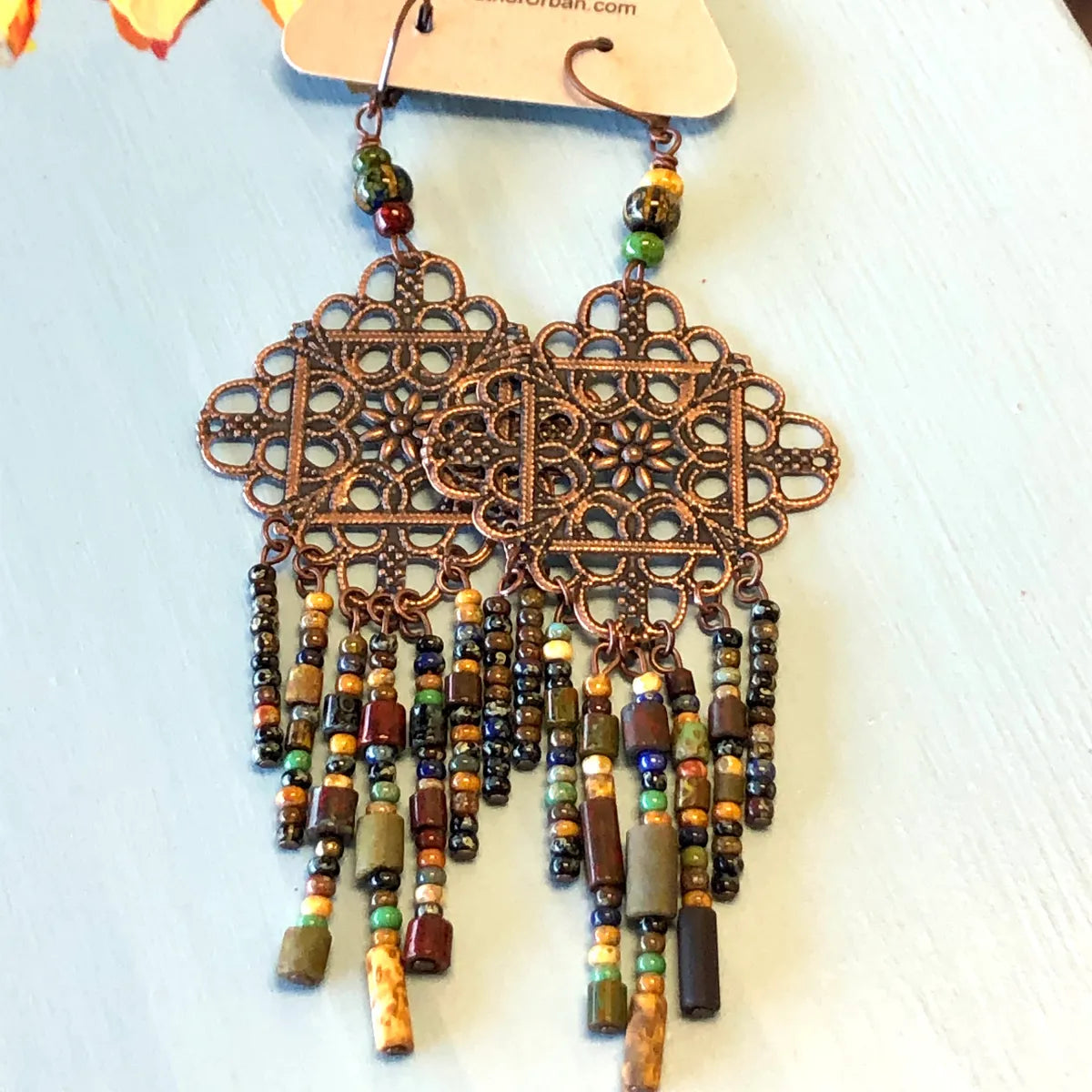 Bohemian Filigree Dangle Earrings with Czech Fired Glass Beads, 5" Lightweight