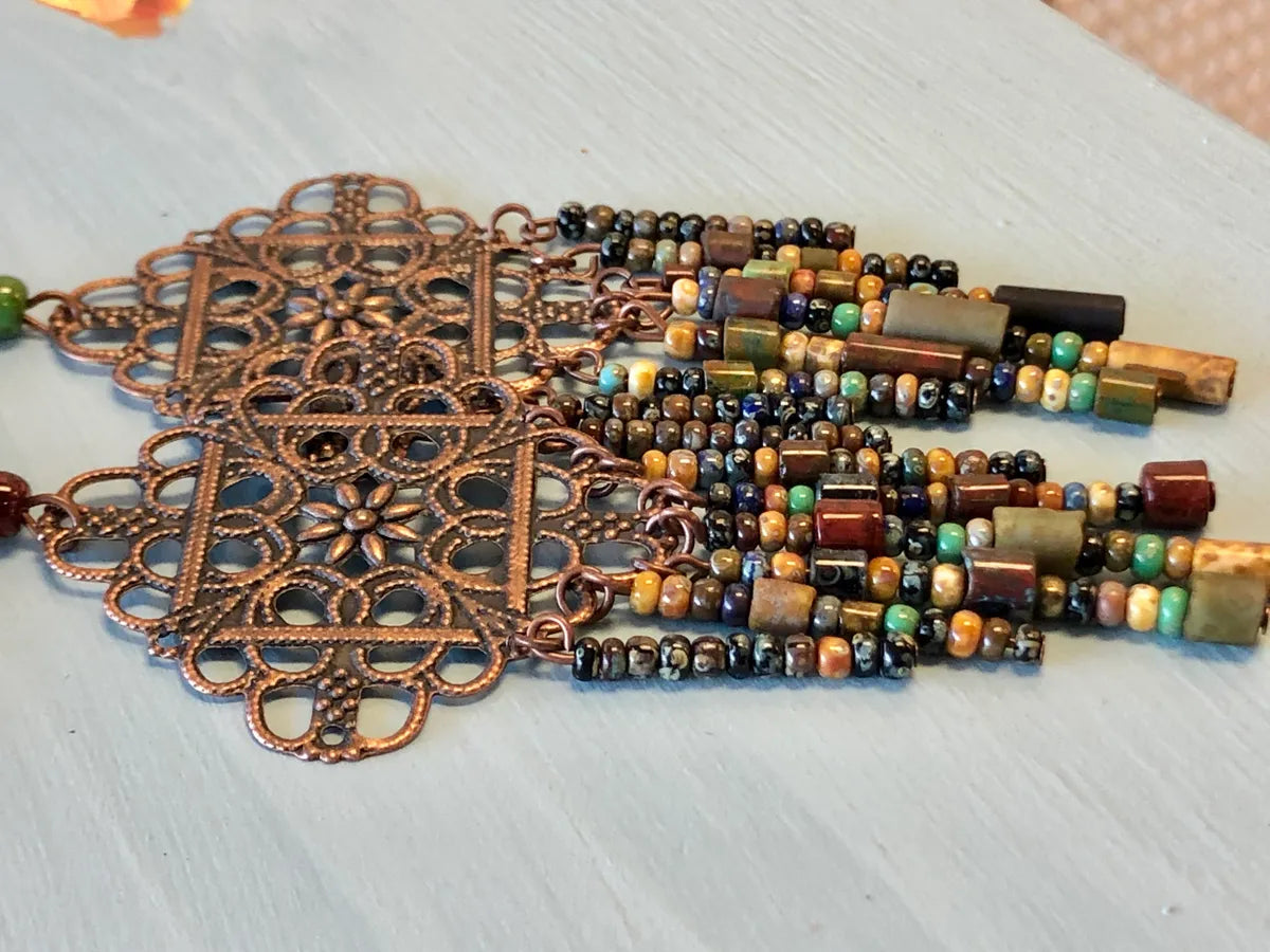 Bohemian Filigree Dangle Earrings with Czech Fired Glass Beads, 5" Lightweight