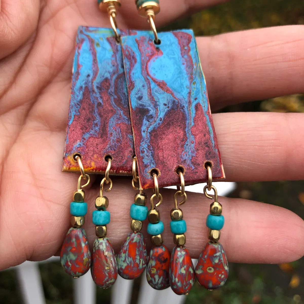 Red and Blue Paint Pour Earrings