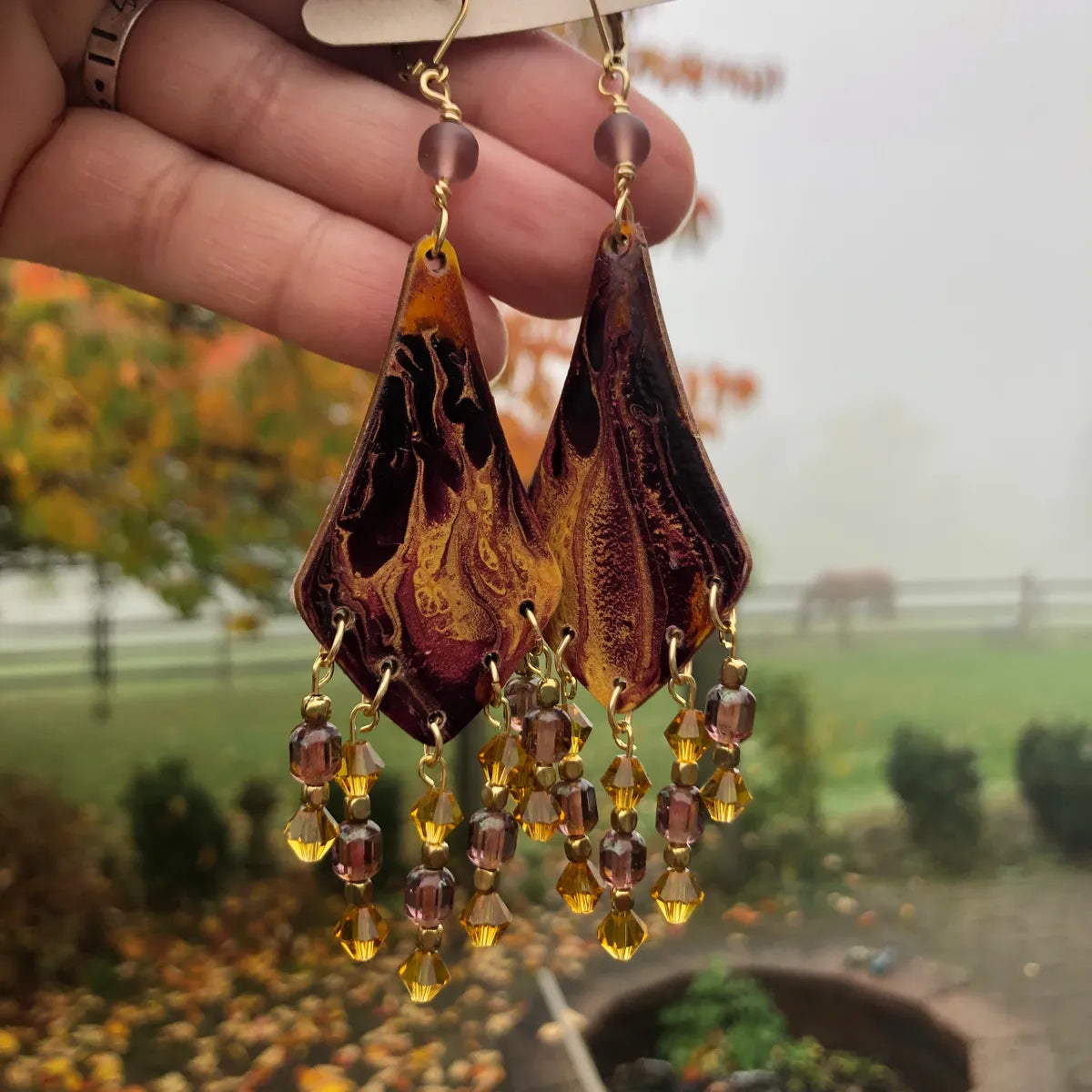 Purple and Gold Paint Pour Earrings, 4.5" x 1", Lightweight Crystal Earrings