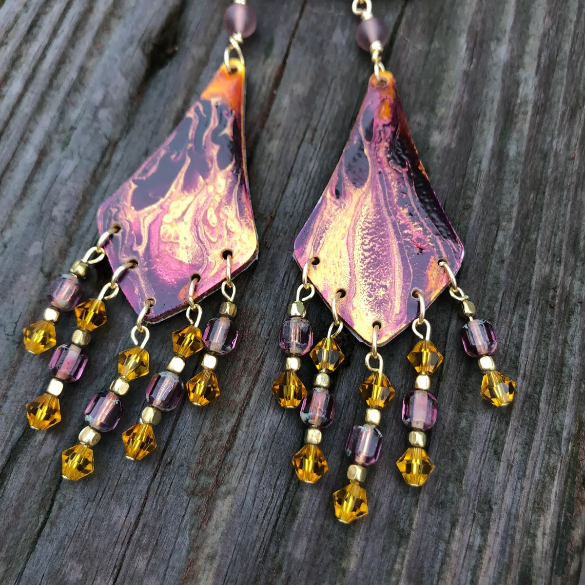 Purple and Gold Paint Pour Earrings, 4.5" x 1", Lightweight Crystal Earrings