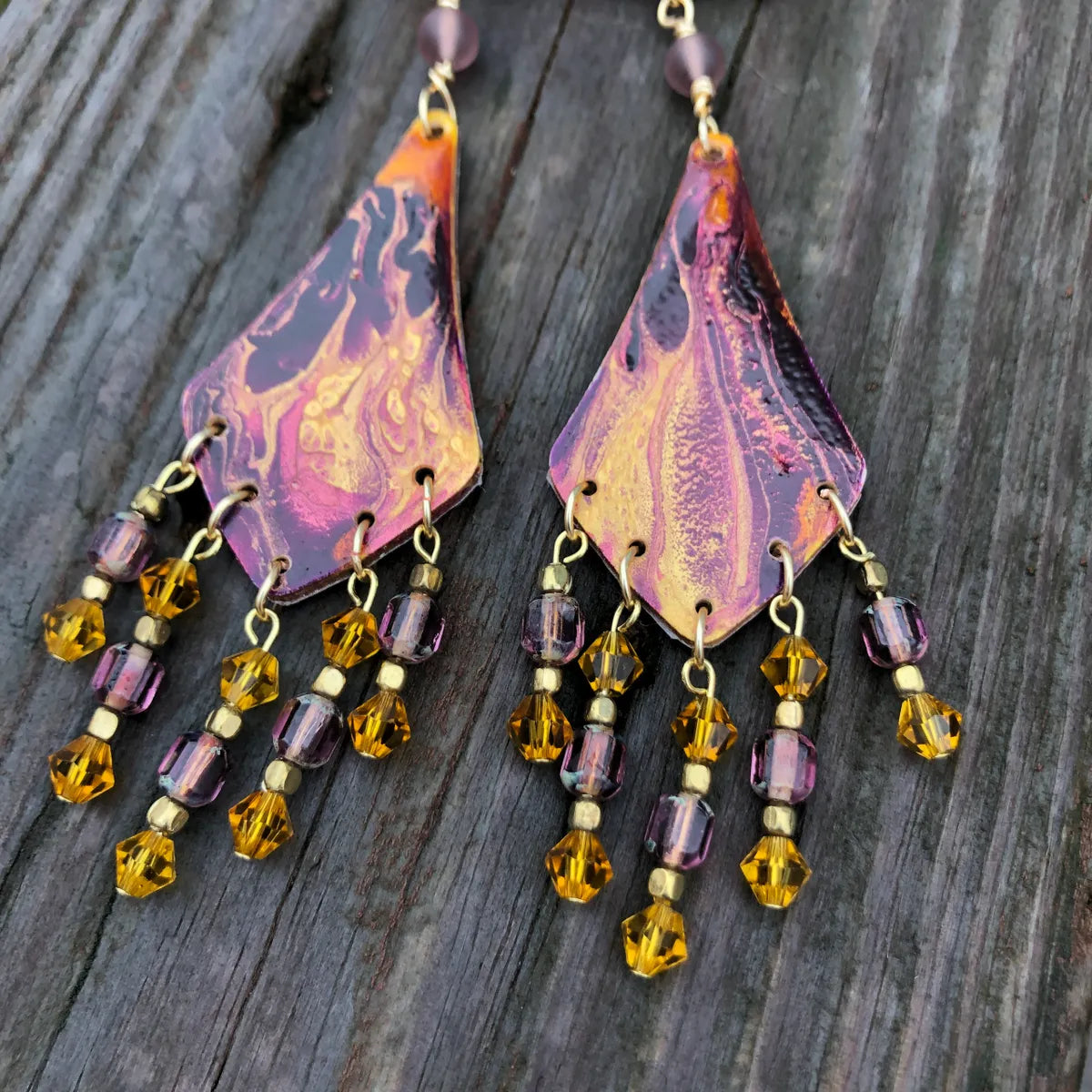 Purple and Gold Paint Pour Earrings, 4.5" x 1", Lightweight Crystal Earrings