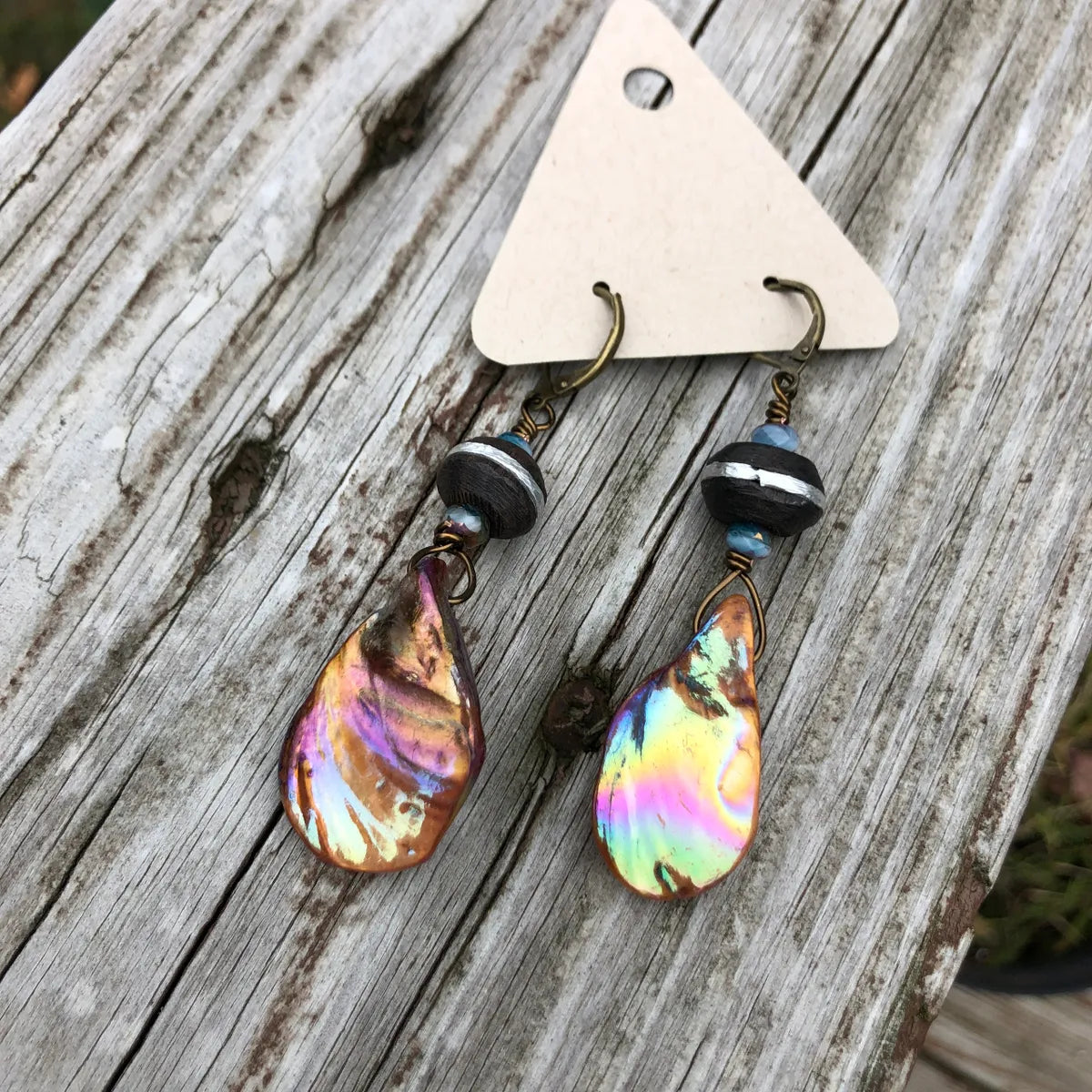 Abalone Shell Earrings with Silver Inlay Wood Beads and Czech Glass Faceted Beads