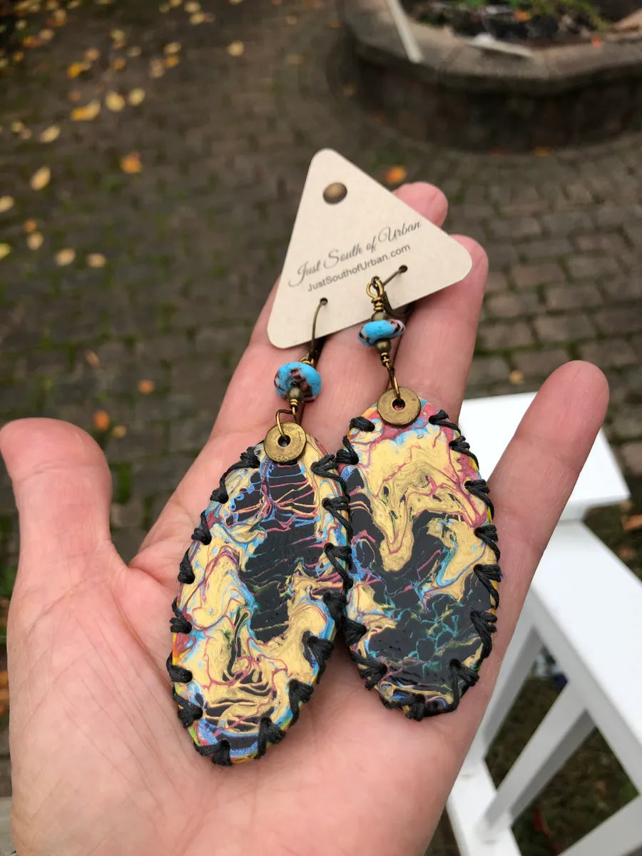 Paint Pour Earrings, Black, Gold, Blue with a Touch of Pink, 4" x 1.25", Lever Back Clasp