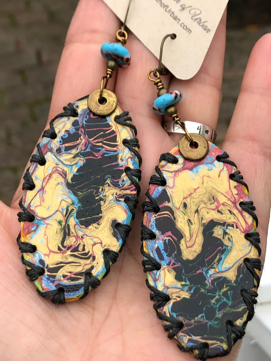 Paint Pour Earrings, Black, Gold, Blue with a Touch of Pink, 4" x 1.25", Lever Back Clasp