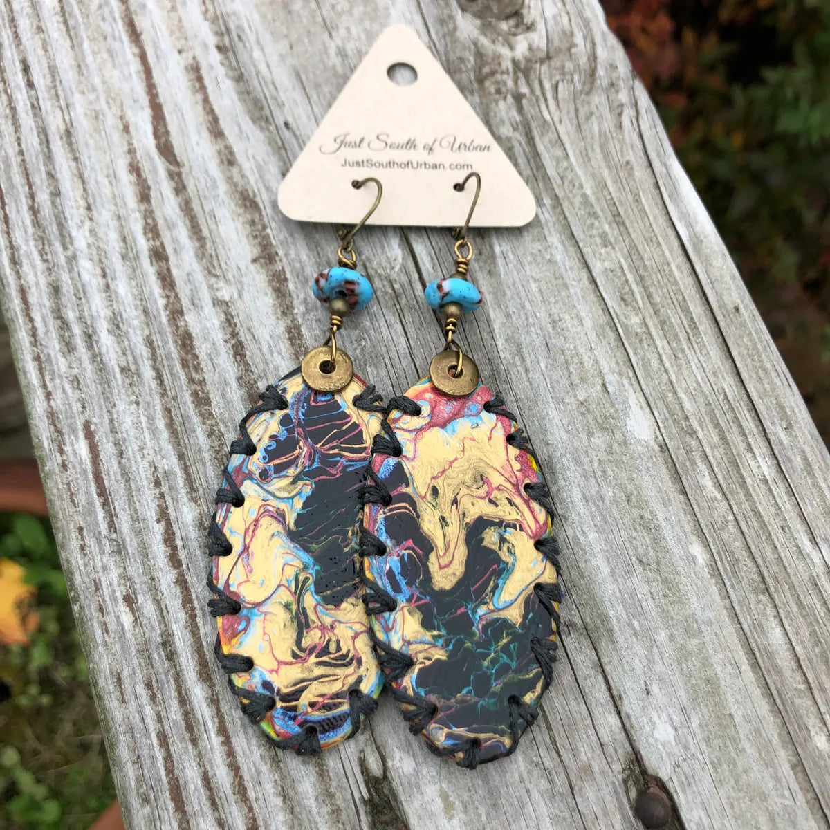 Paint Pour Earrings, Black, Gold, Blue with a Touch of Pink, 4" x 1.25", Lever Back Clasp