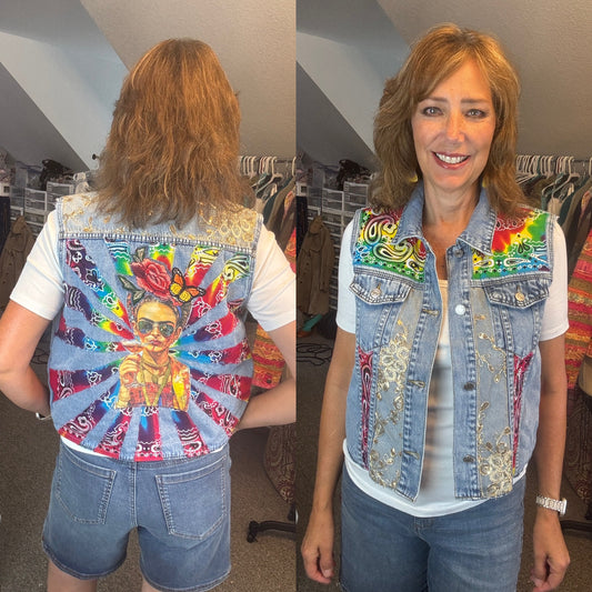 Hippie Dippy Frida Up-Cycled Denim Vest, Bust Size 40", (Large)