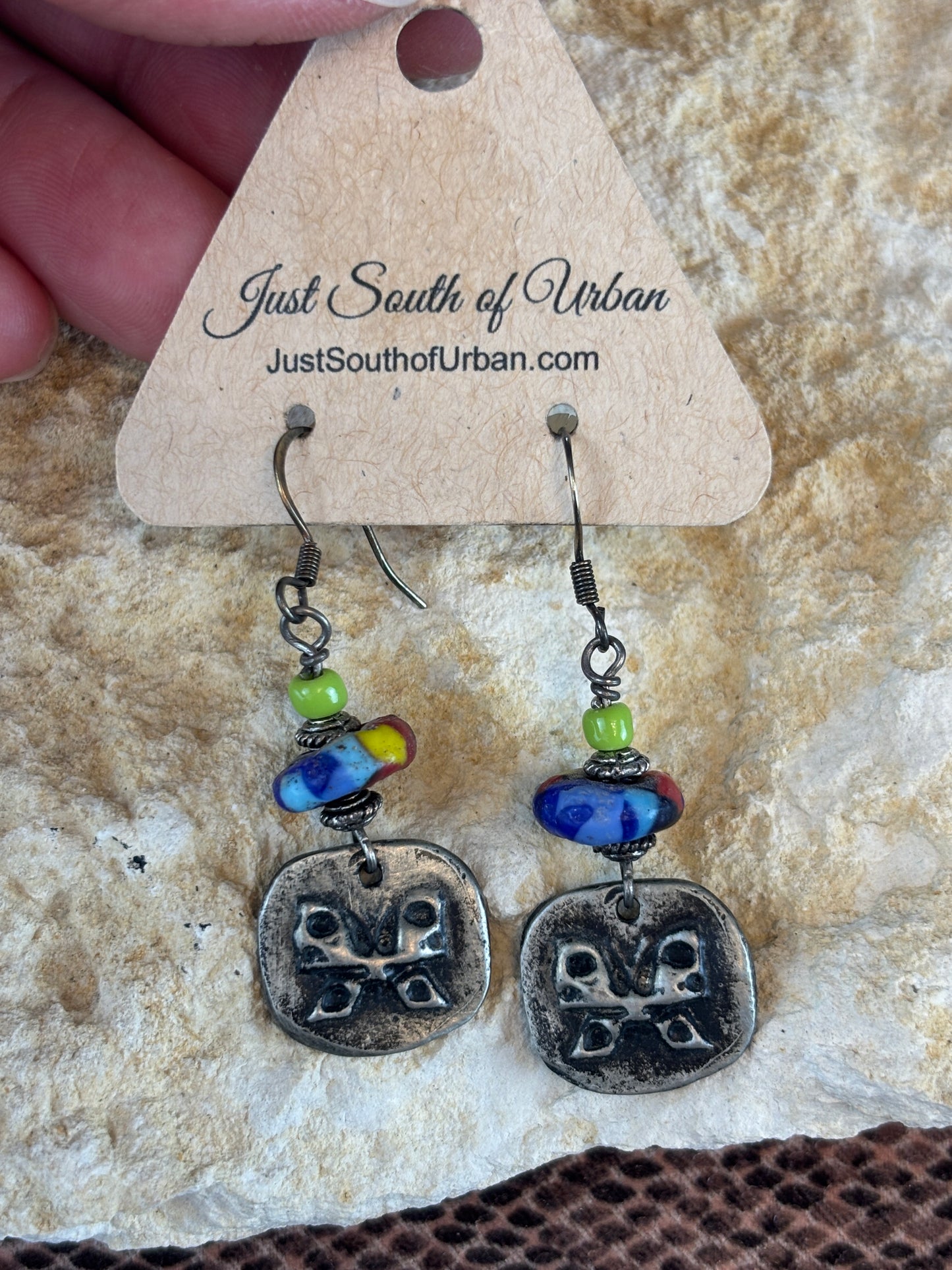 Artisan Metal Butterfly Earrings with African Glass Beads, 2" long
