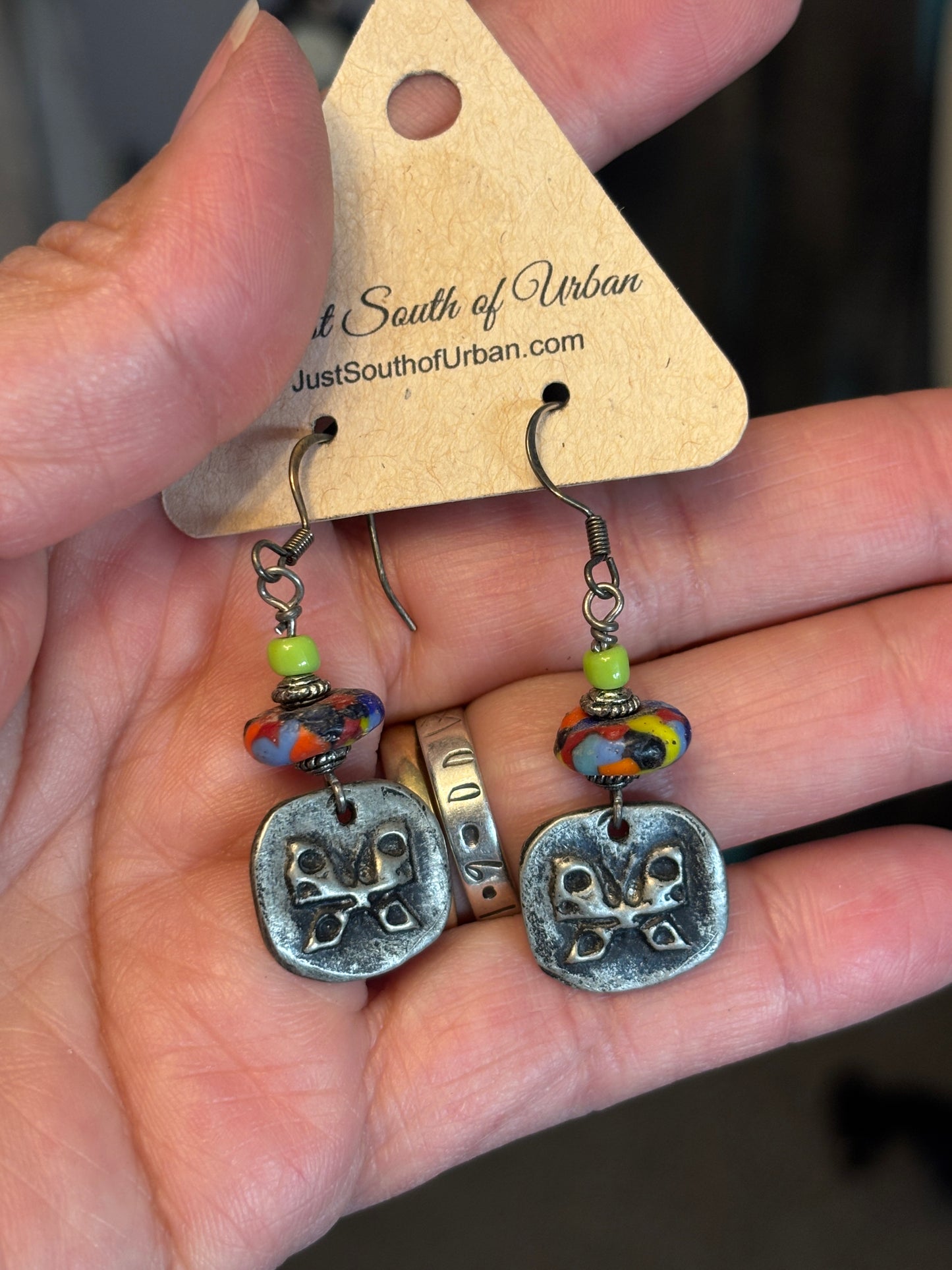 Artisan Metal Butterfly Earrings with African Glass Beads, 2" long