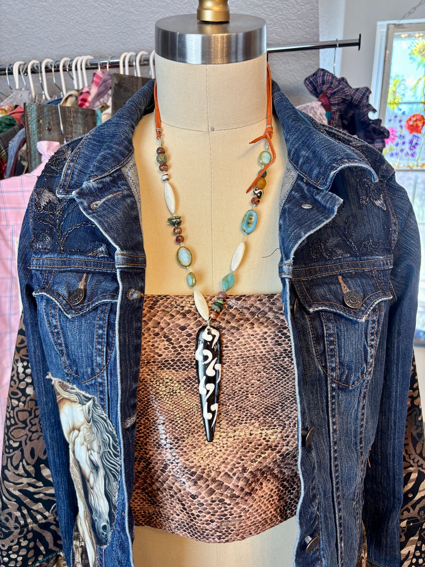 African Bone Necklace, Beaded, Knotted, Leather, Blue, Orange, White, Black