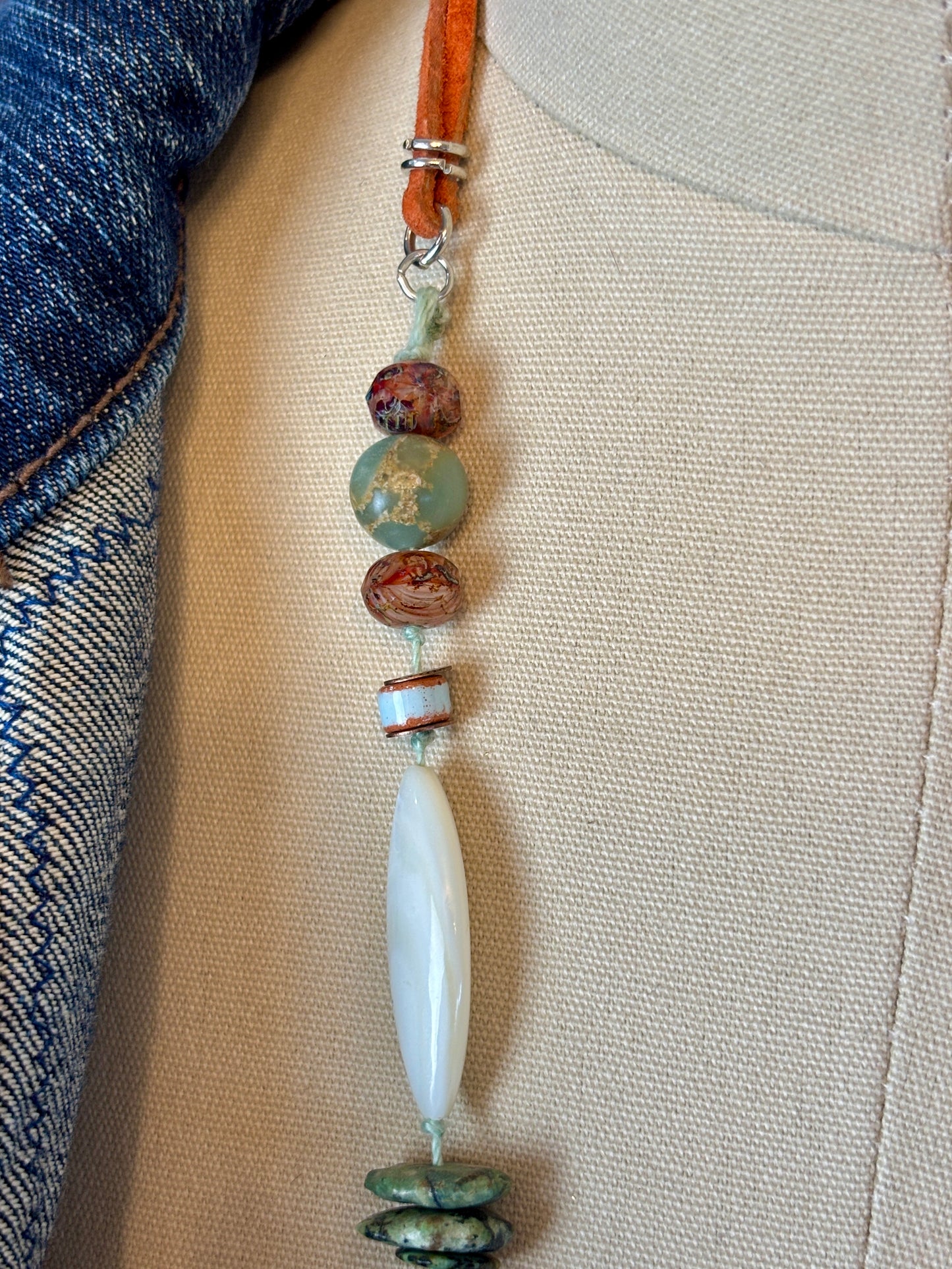 African Bone Necklace, Beaded, Knotted, Leather, Blue, Orange, White, Black