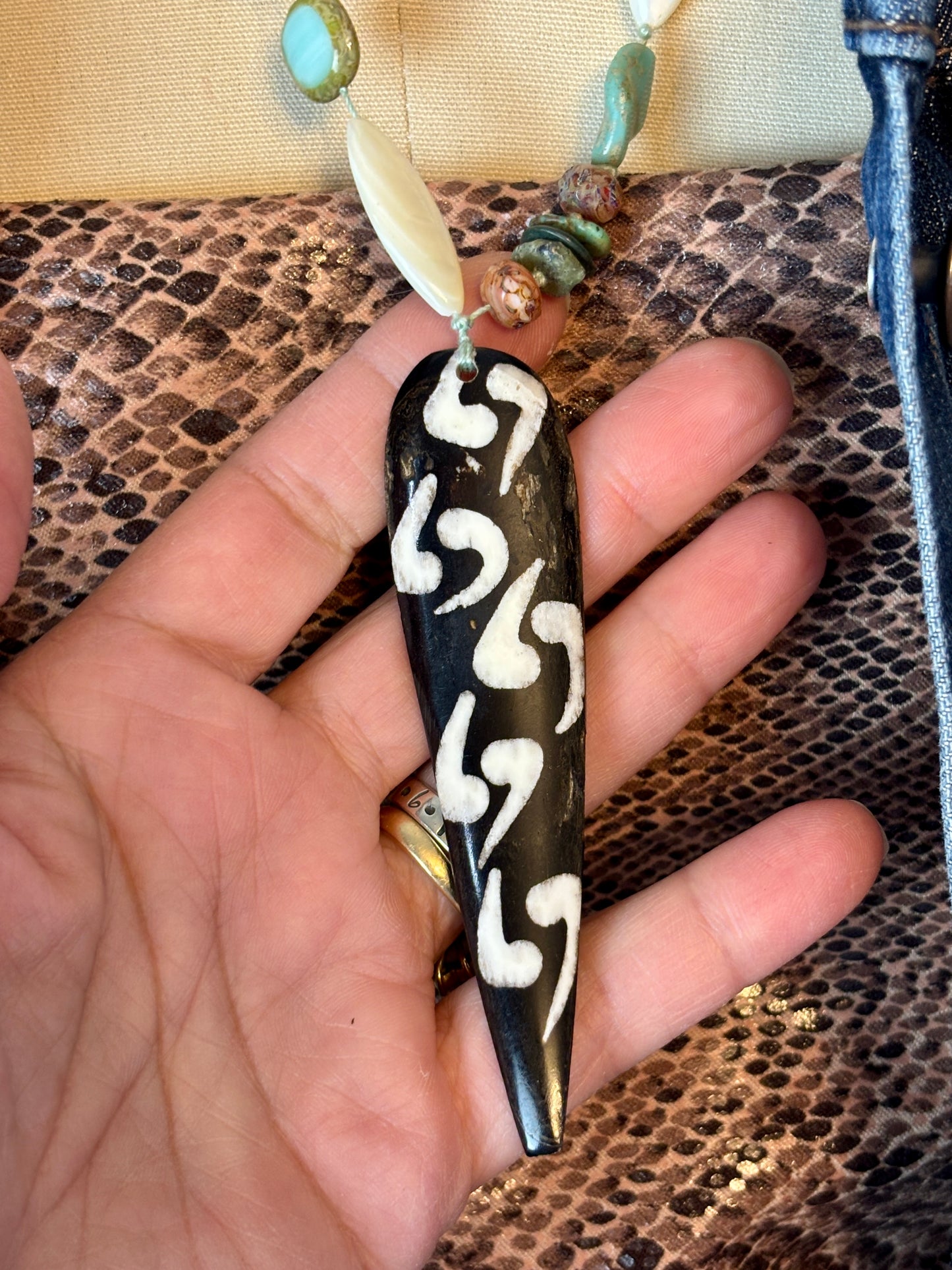 African Bone Necklace, Beaded, Knotted, Leather, Blue, Orange, White, Black