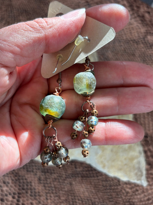 Glorious Green Handmade African Glass Beaded Earrings, 2.5"