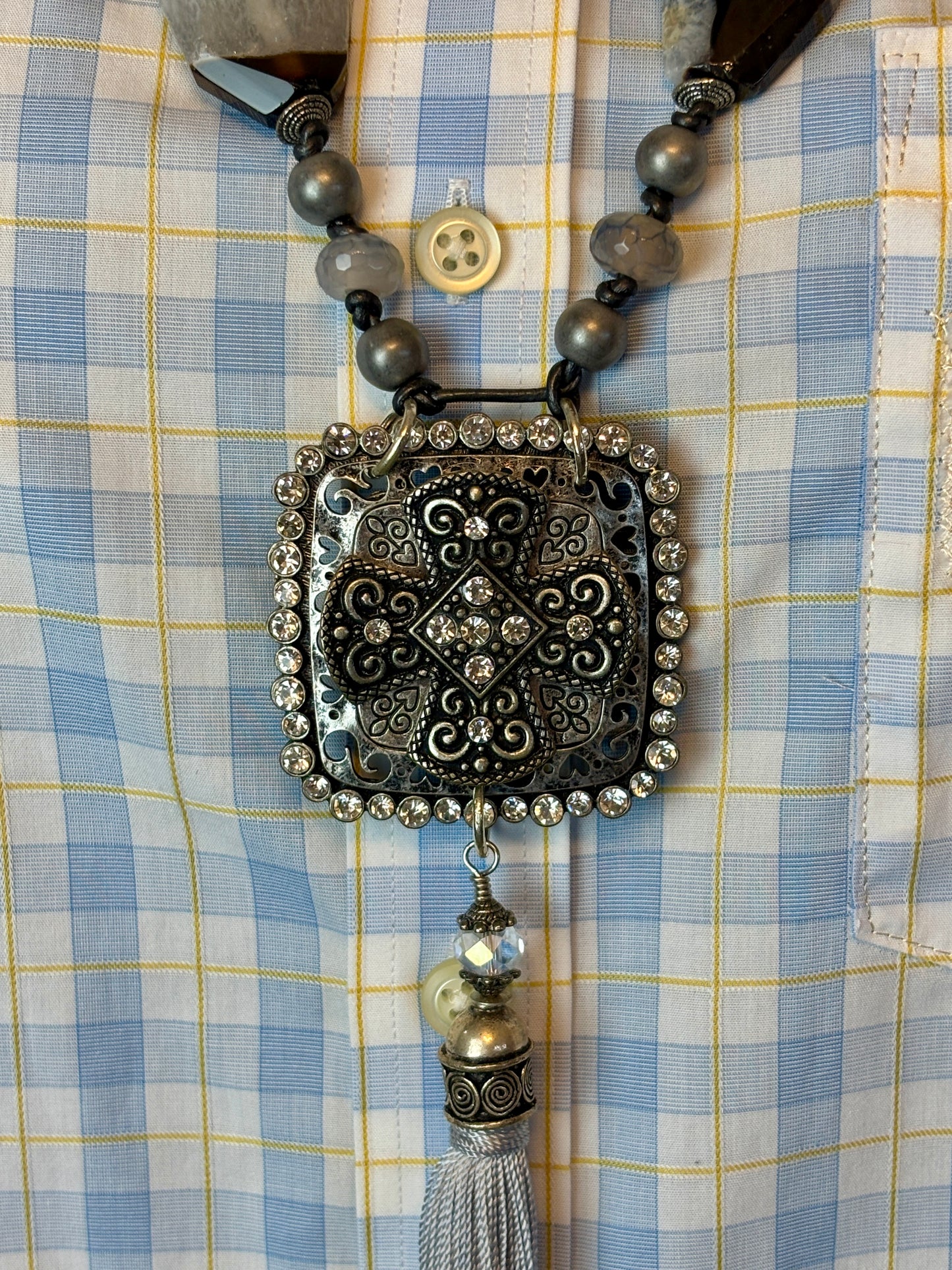 Long Silver and Black Medallion Necklace with Black and White Gemstone Beads and Gray Tassel