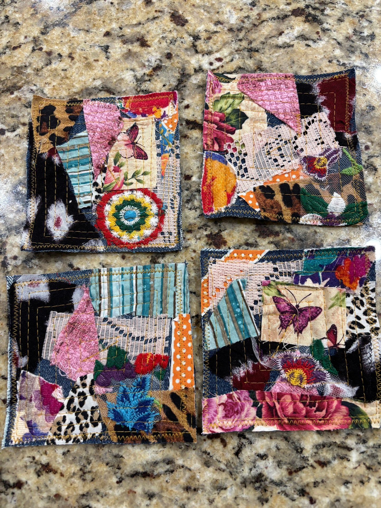 Boho Coaster Set, Handmade, Denim and Fabric Scraps, Set of 4, 4" x 4" (SET A)