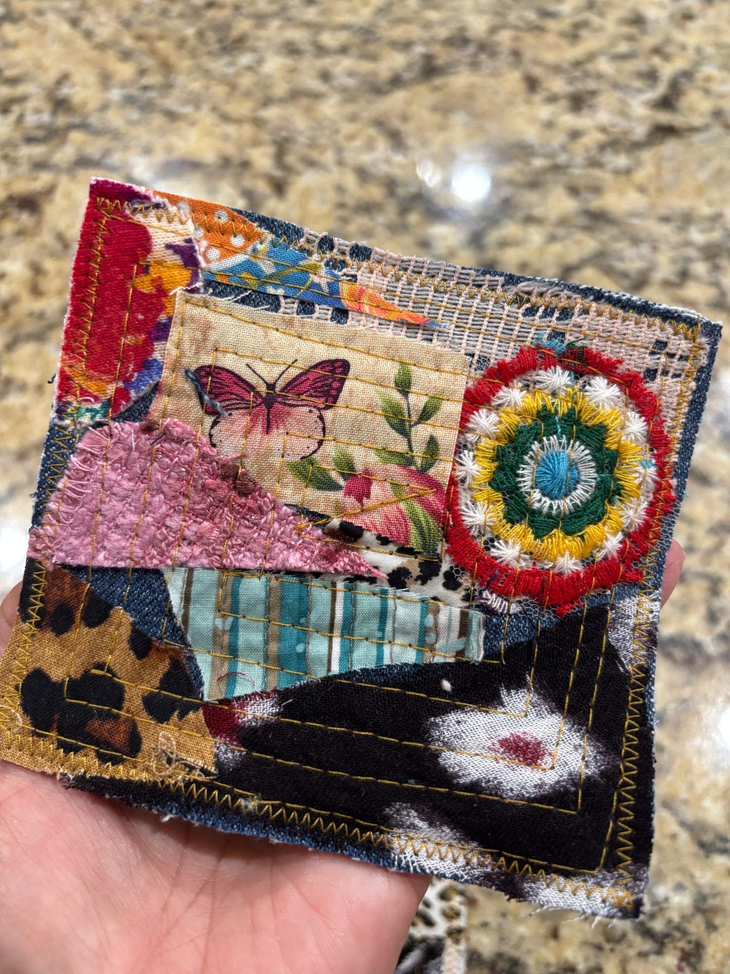 Boho Coaster Set, Handmade, Denim and Fabric Scraps, Set of 4, 4" x 4" (SET A)