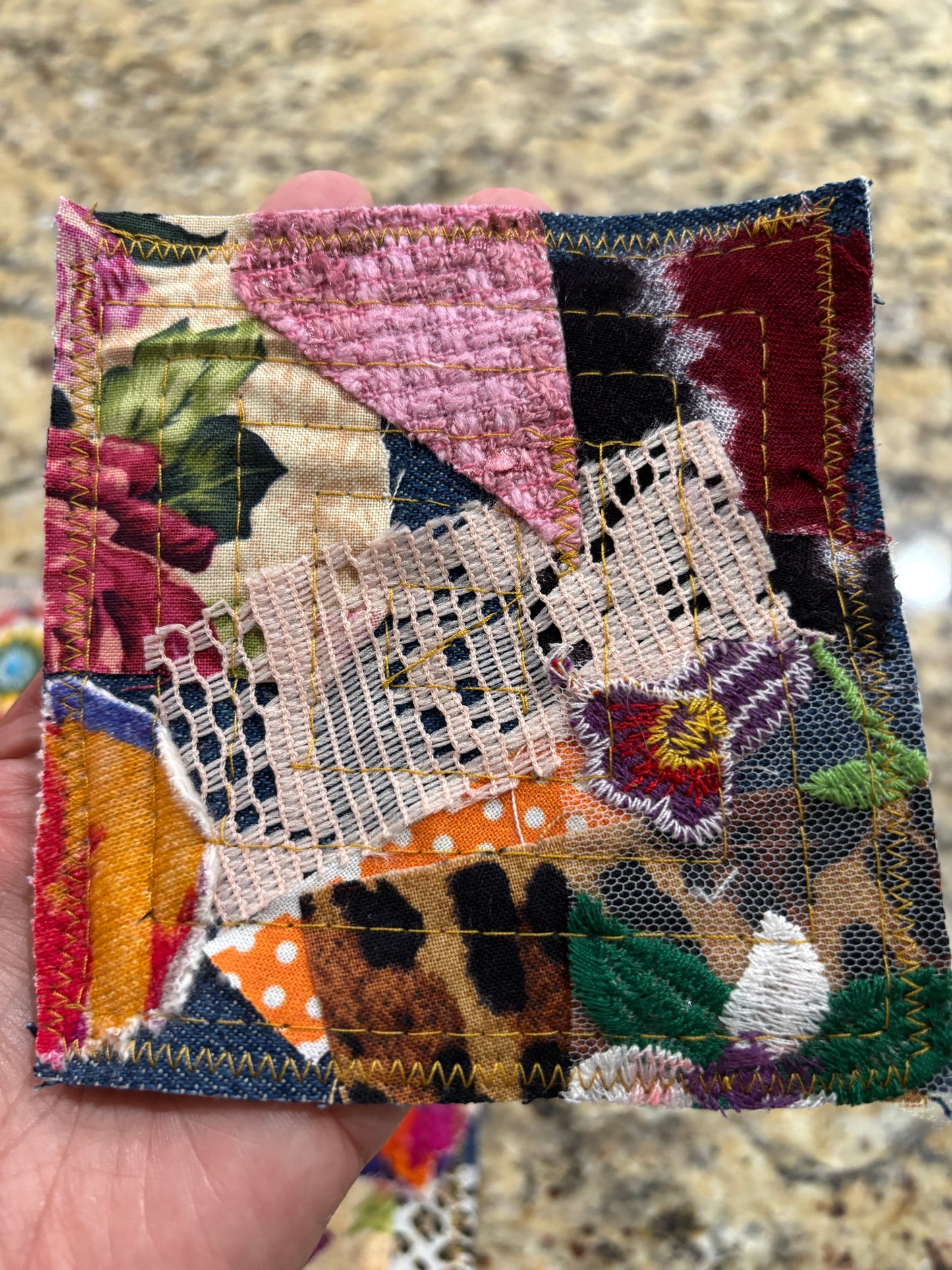 Boho Coaster Set, Handmade, Denim and Fabric Scraps, Set of 4, 4" x 4" (SET A)