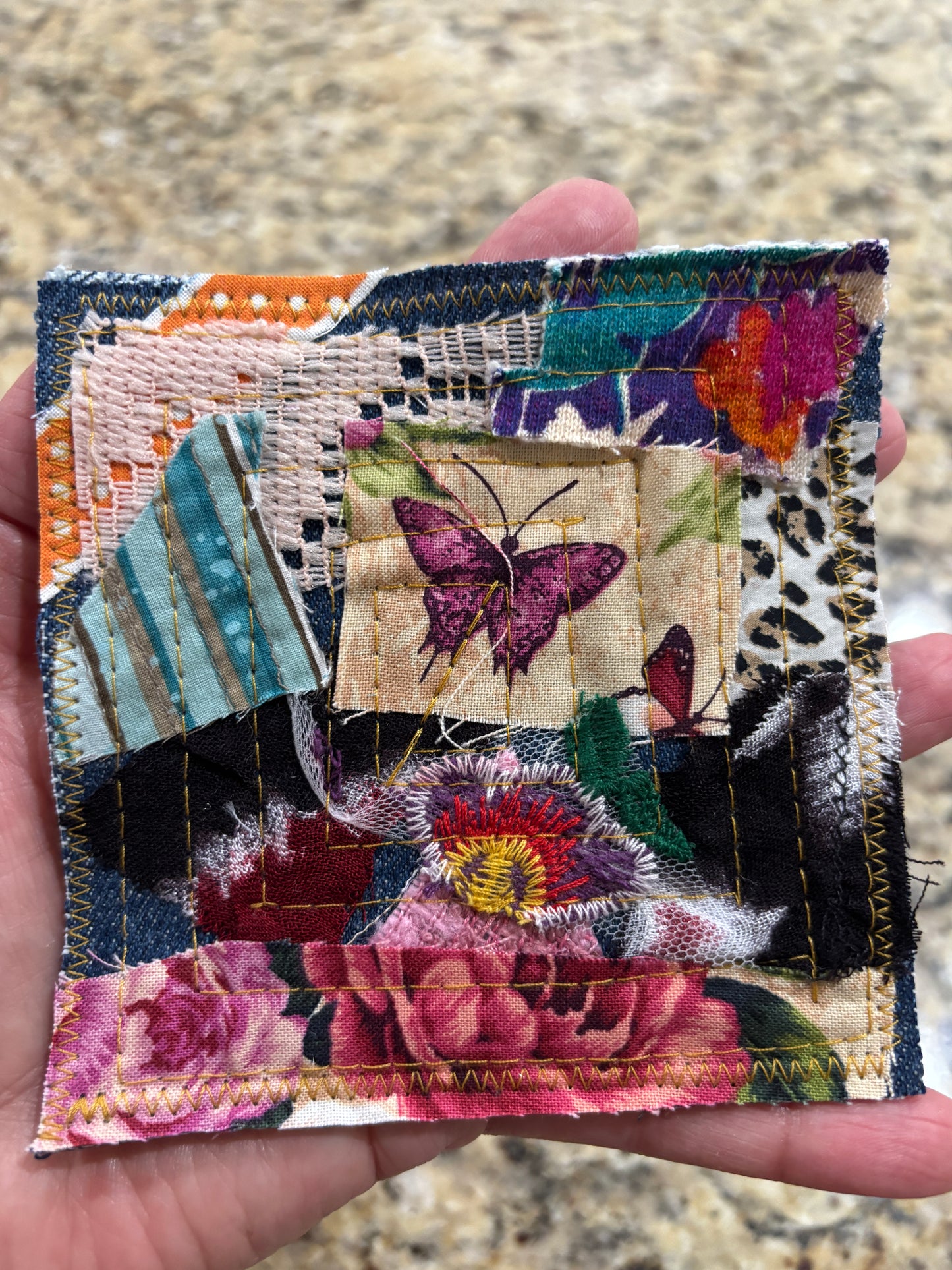 Boho Coaster Set, Handmade, Denim and Fabric Scraps, Set of 4, 4" x 4" (SET A)