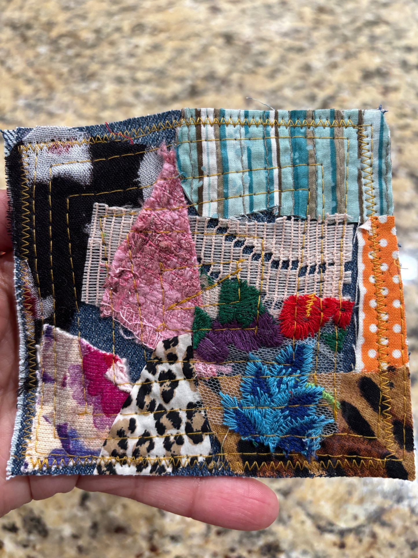 Boho Coaster Set, Handmade, Denim and Fabric Scraps, Set of 4, 4" x 4" (SET A)